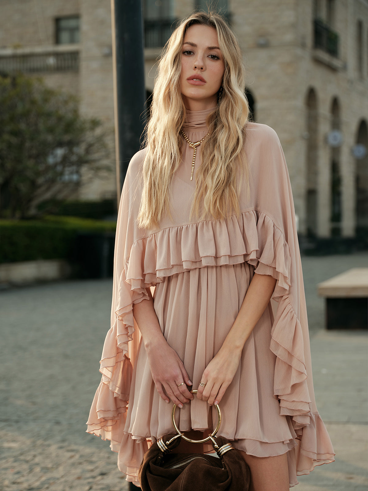Semi-Sheer Chiffon Ruffle Dress With Outer Cape