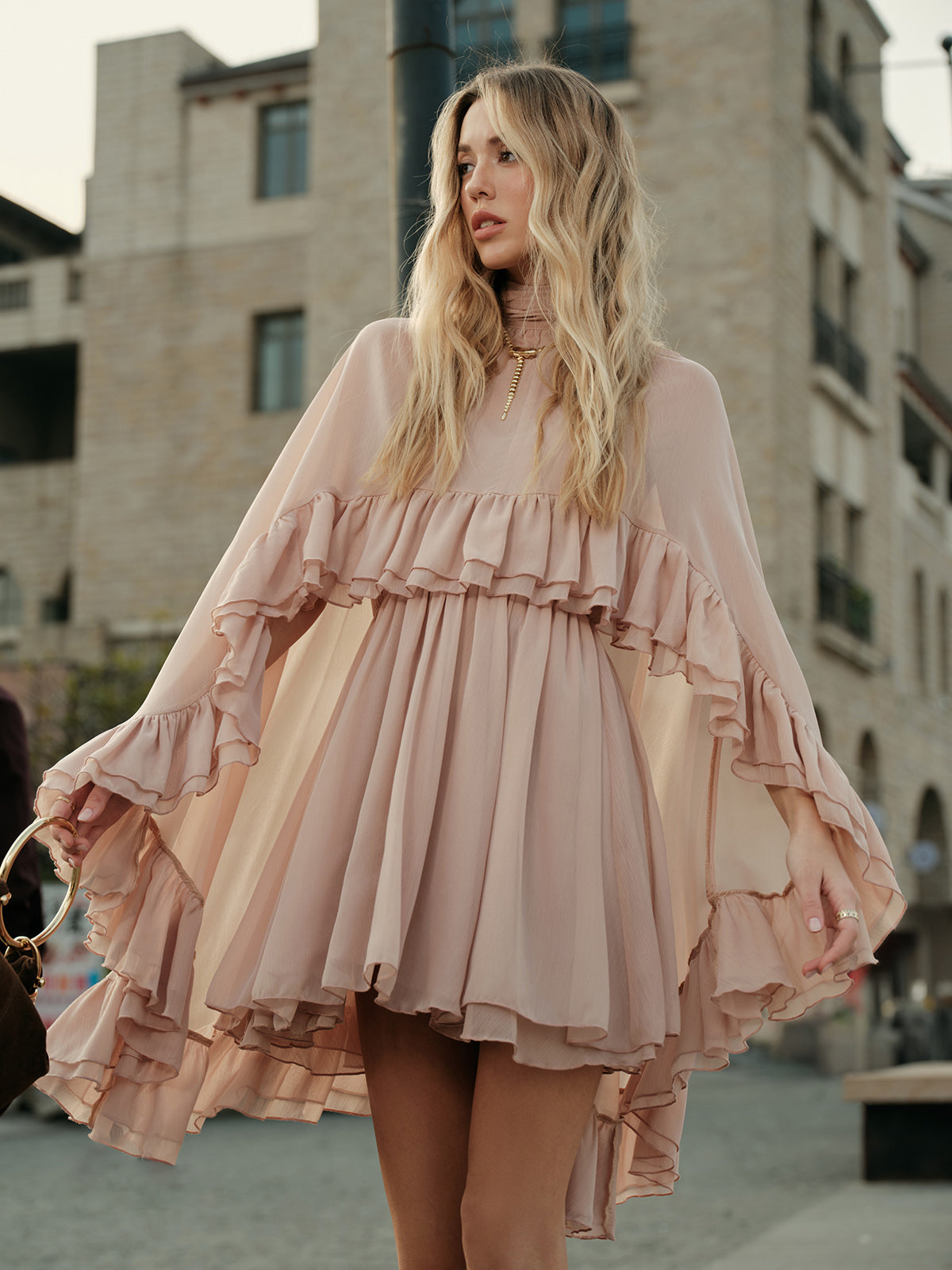 Semi-Sheer Chiffon Ruffle Dress With Outer Cape