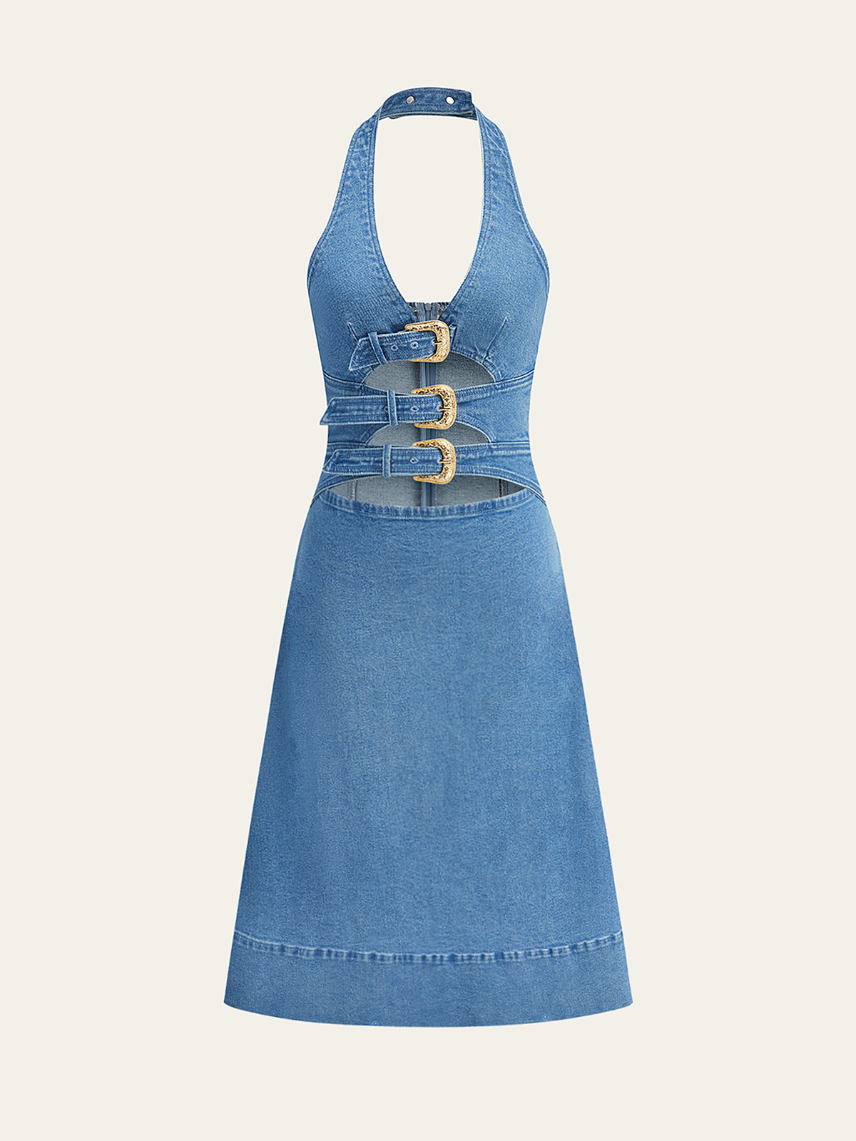 Robe en jean à col licou semi-transparente avec découpes