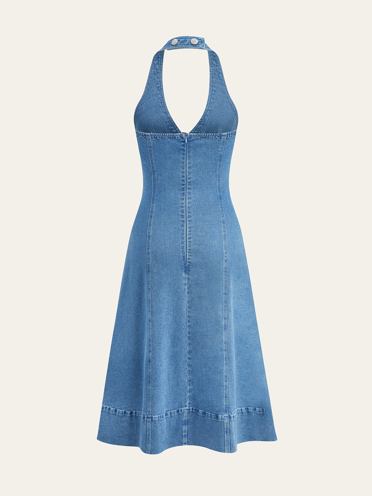Robe en jean à col licou semi-transparente avec découpes