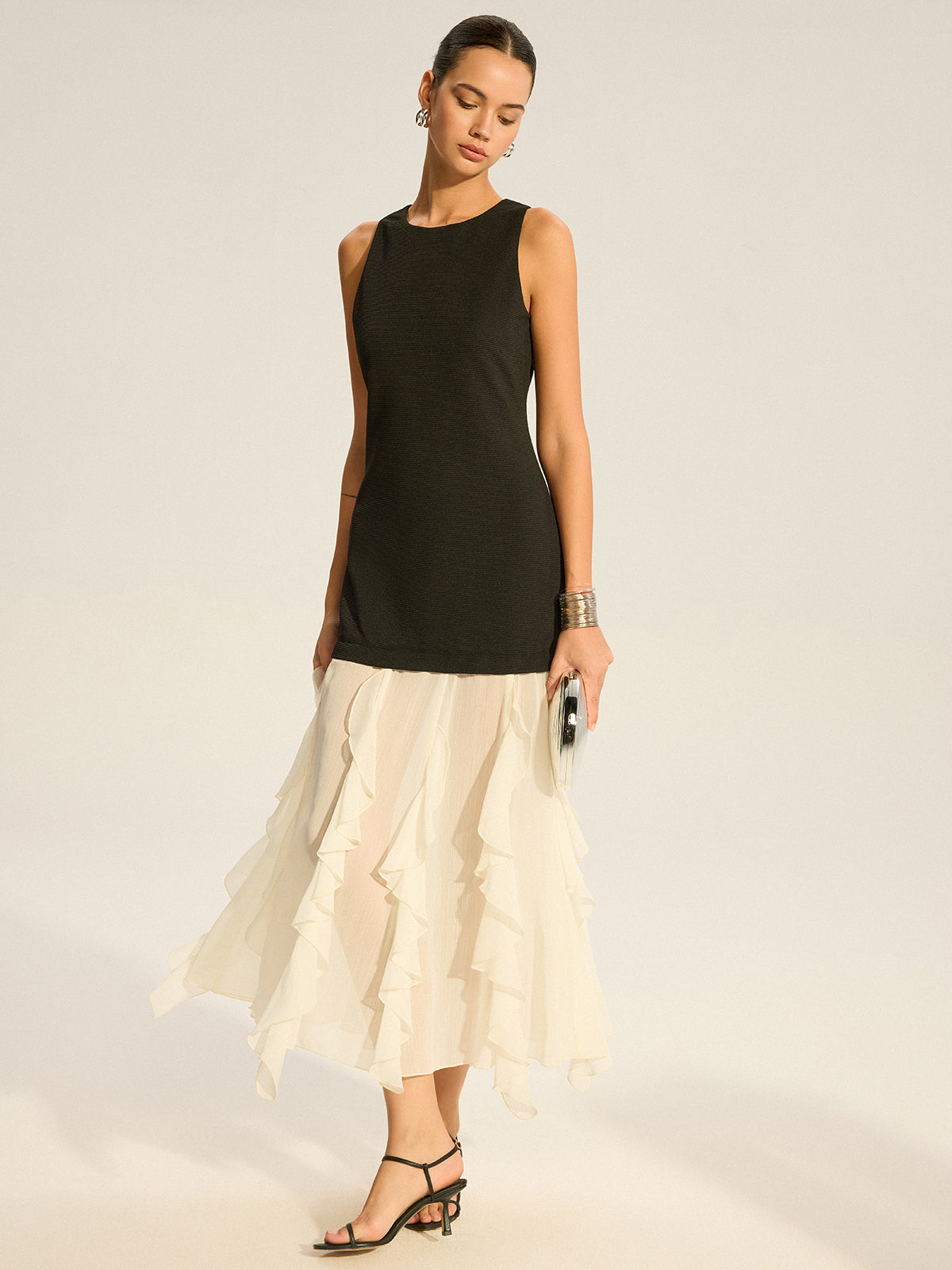2 in 1 Semi-Sheer Ruffled Hem Maxi Dress