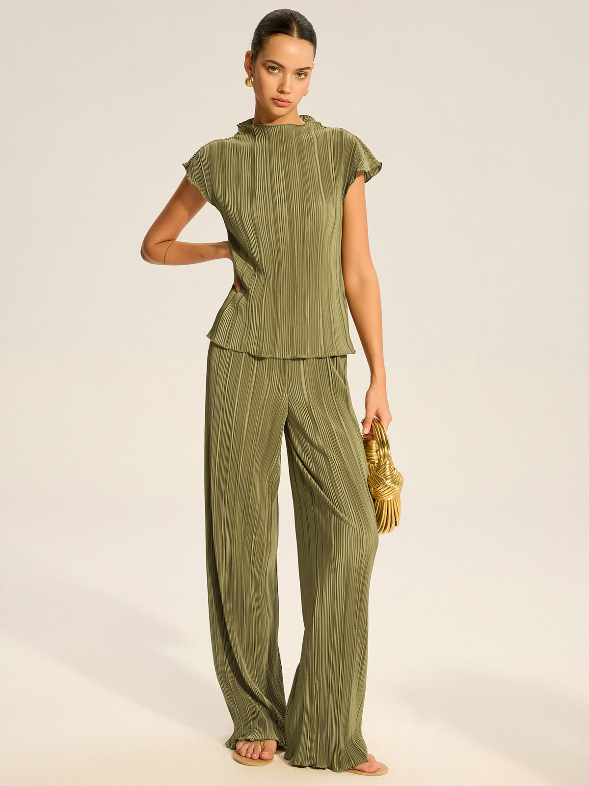 Plissiertes Oberteil und Hose mit weitem Bein Set