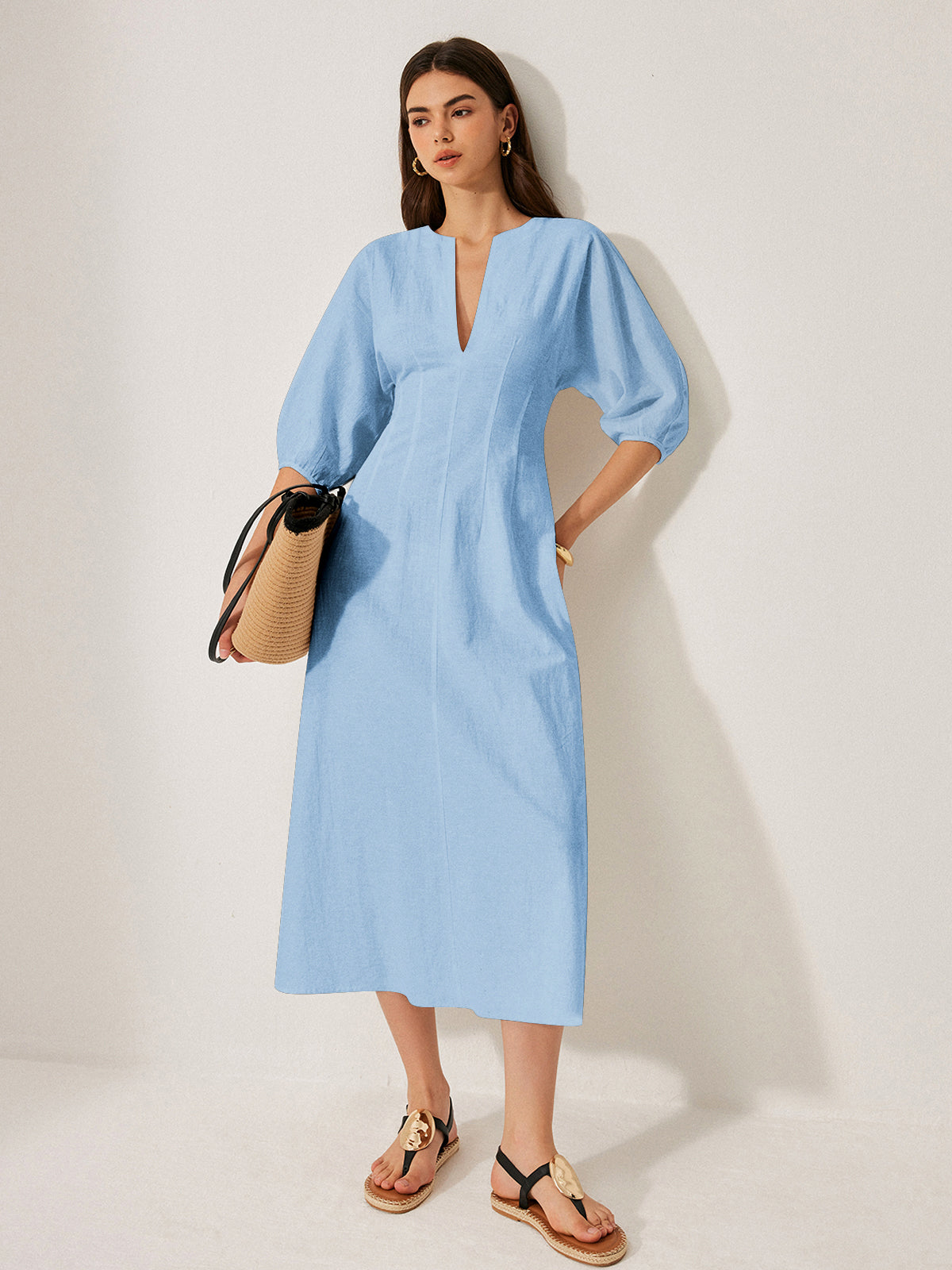 Baumwoll-Leinen-Kleid mit Puffärmeln ohne Gürtel