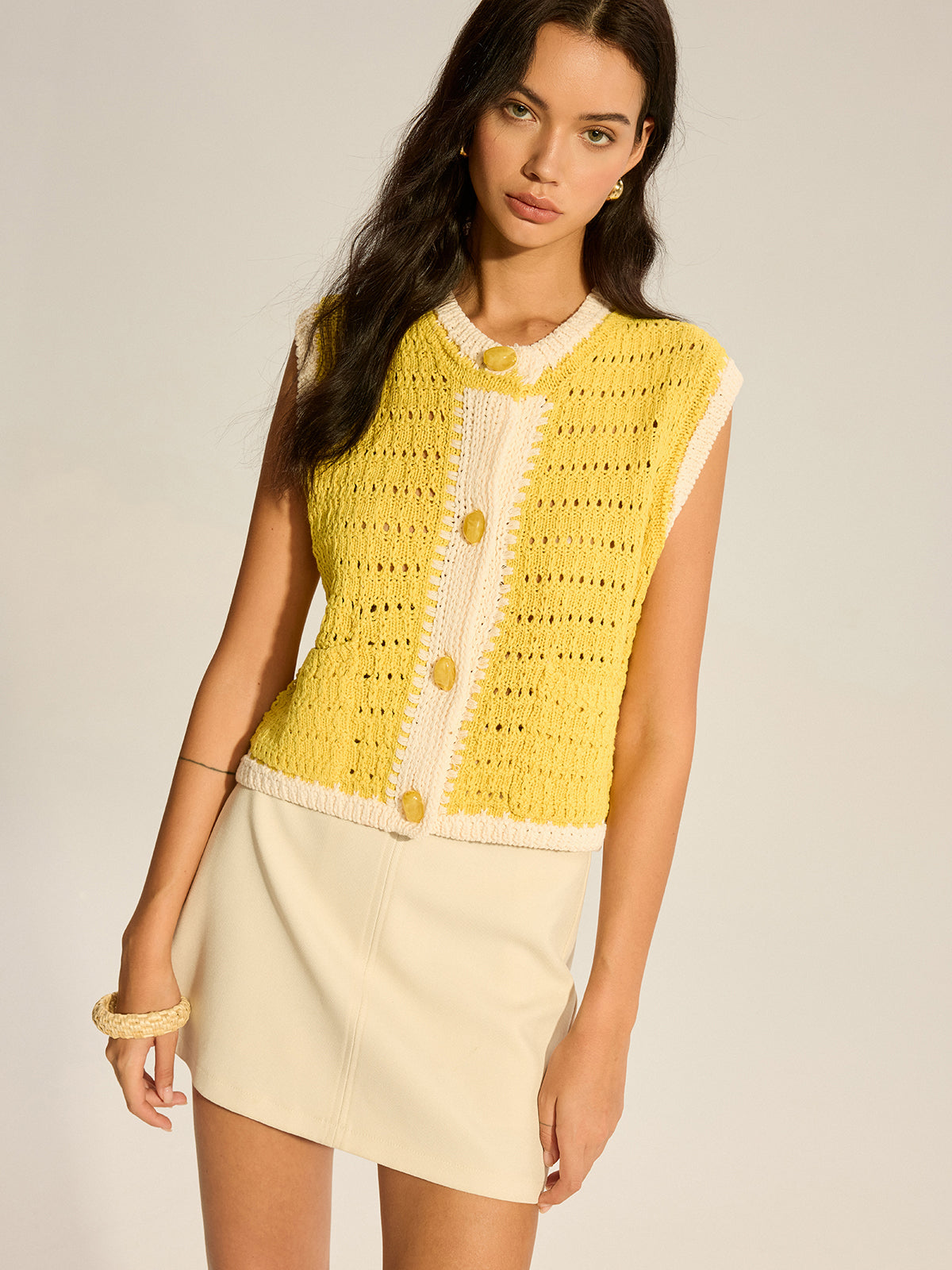 Crochet Knit Vest with Contrast Trim