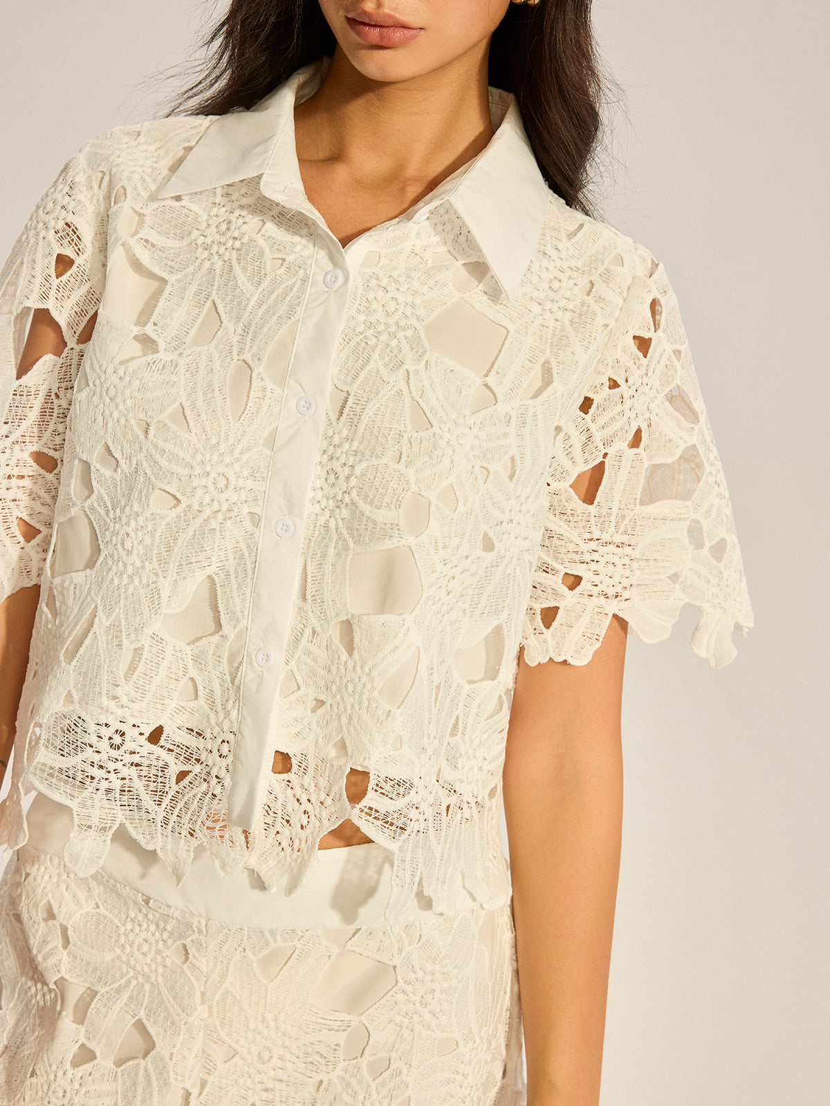 Lace Crochet Cut-Out Top and Wide-Leg Pants Set