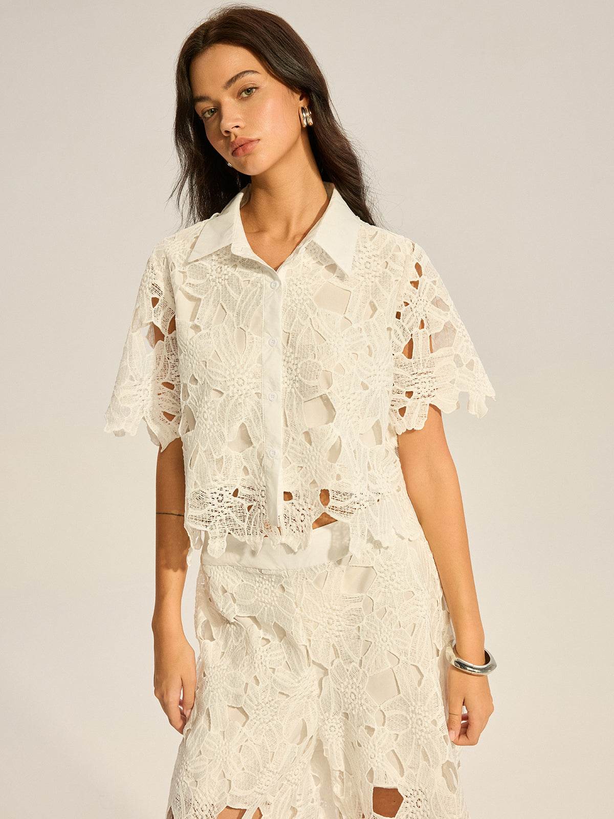 Lace Crochet Cut-Out Top and Wide-Leg Pants Set