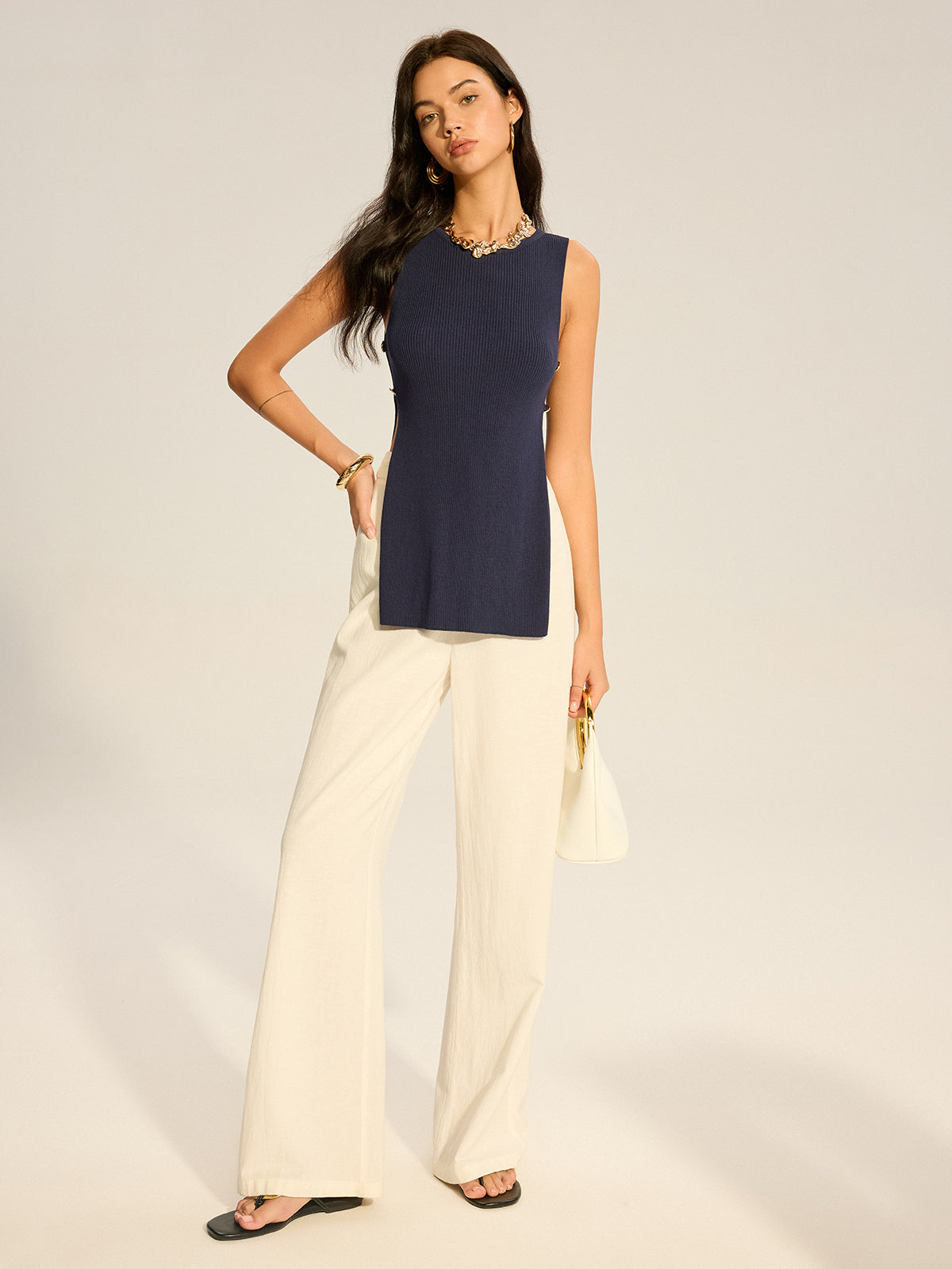 Ribbed Sleeveless Top with Side Slit