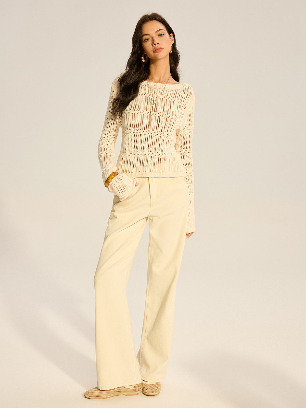 Mesh-Knit Long-Sleeve Sweater