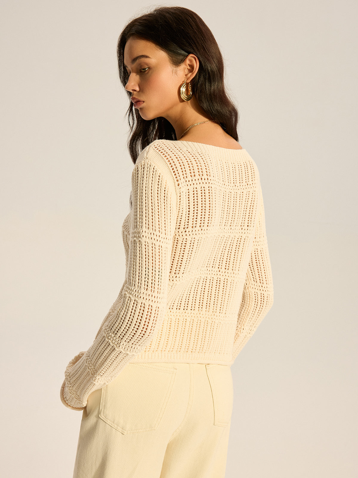 Mesh-Strick Pullover mit langen Ärmeln