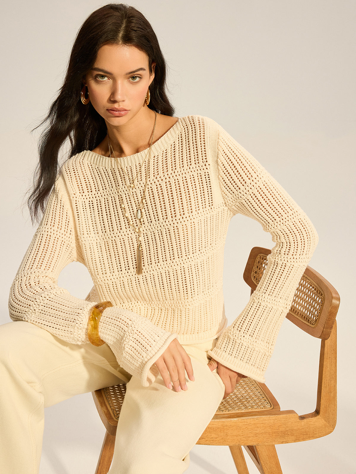 Mesh-Knit Long-Sleeve Sweater