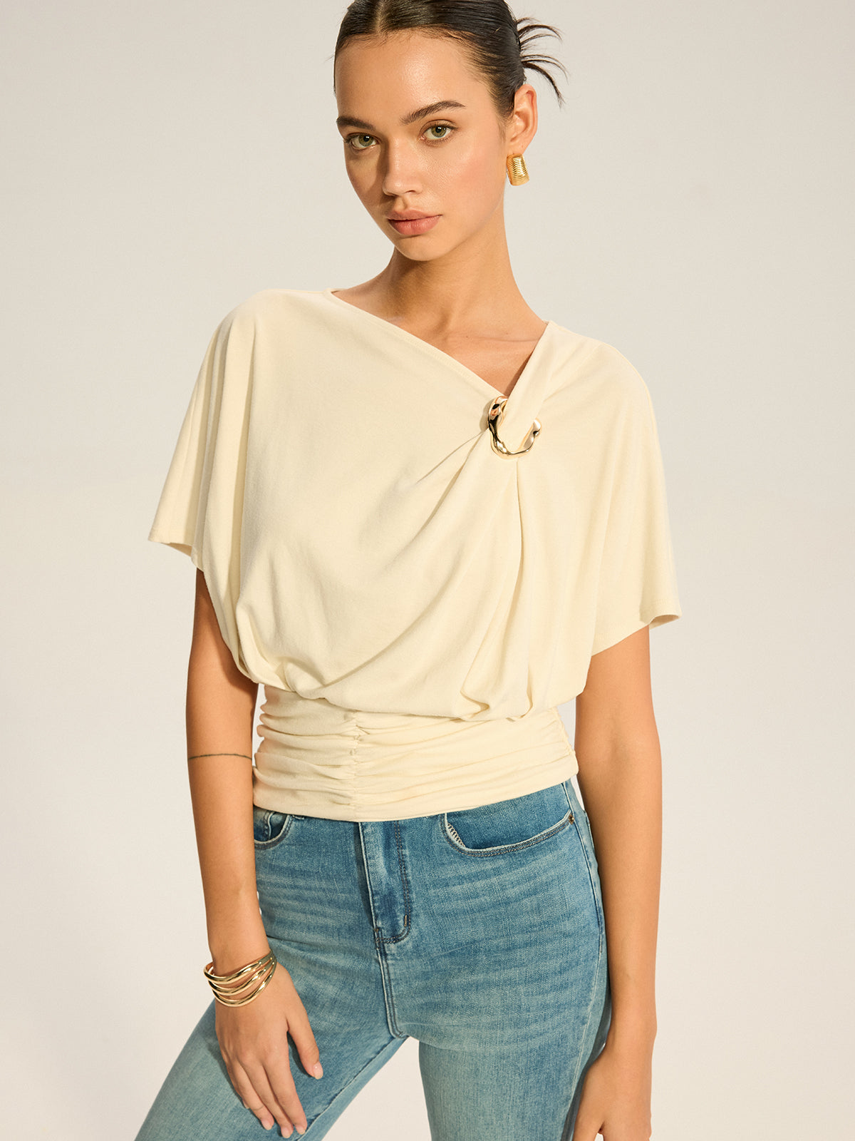 Asymmetrical Ruched Draped Top with Metal Ring Detail