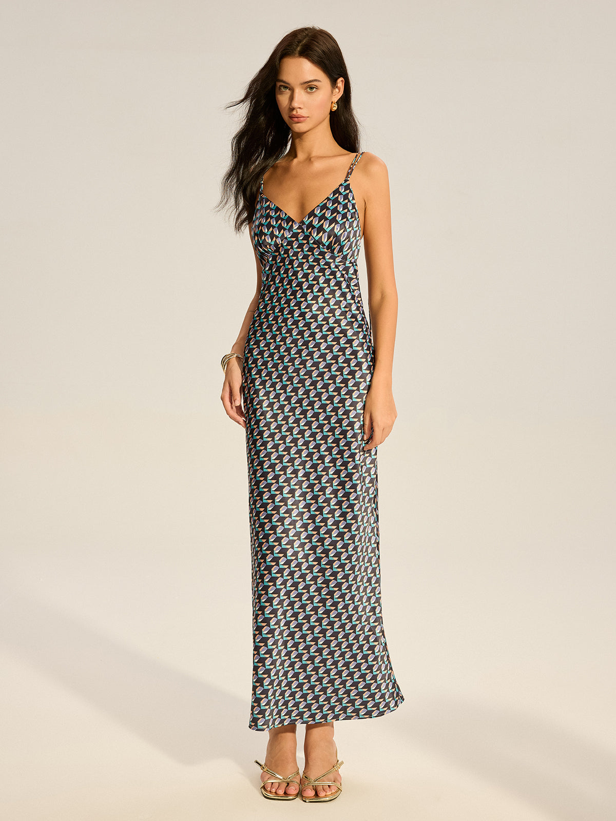 Robe longue vintage à fines bretelles imprimée