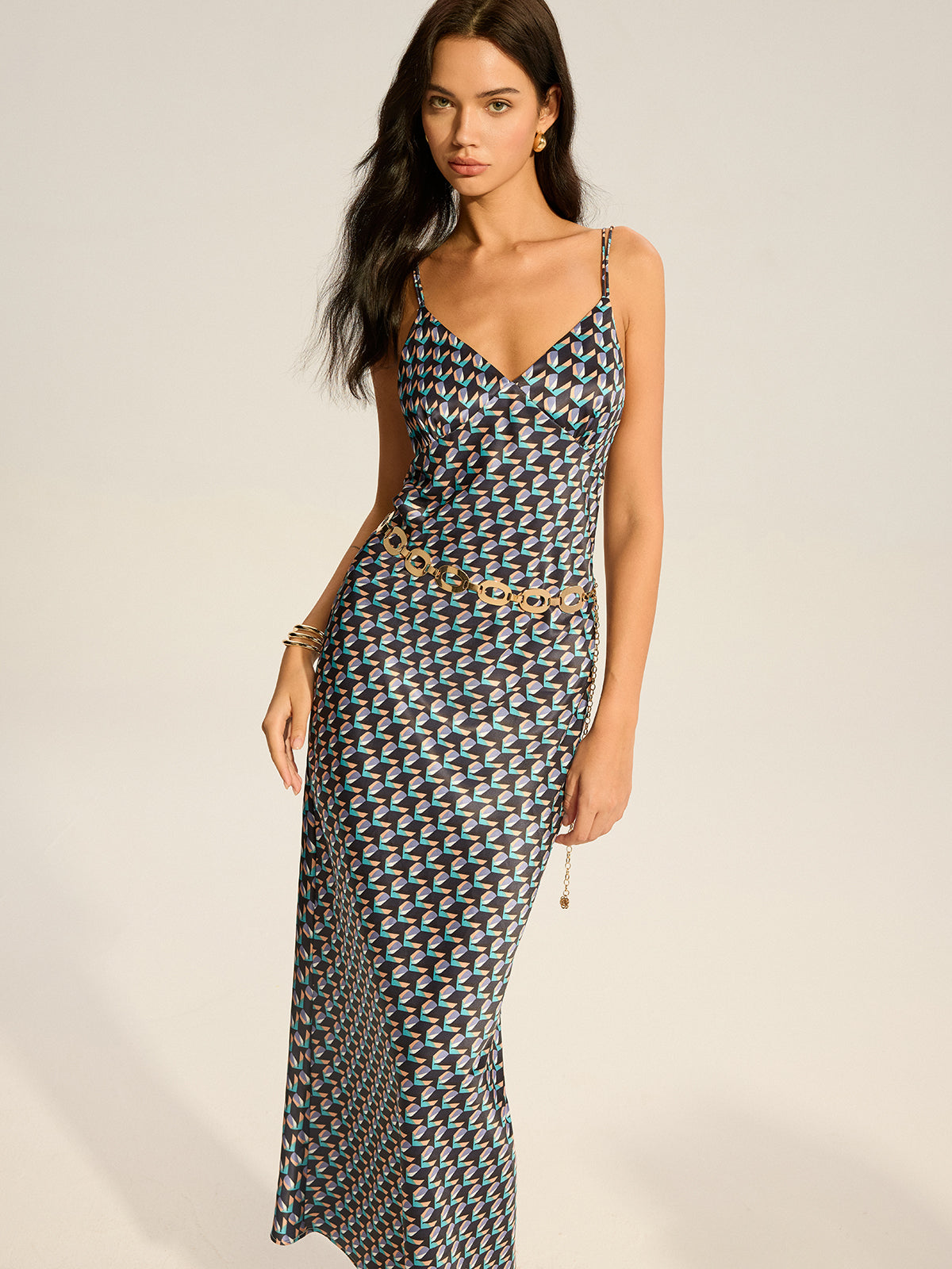 Robe longue vintage à fines bretelles imprimée