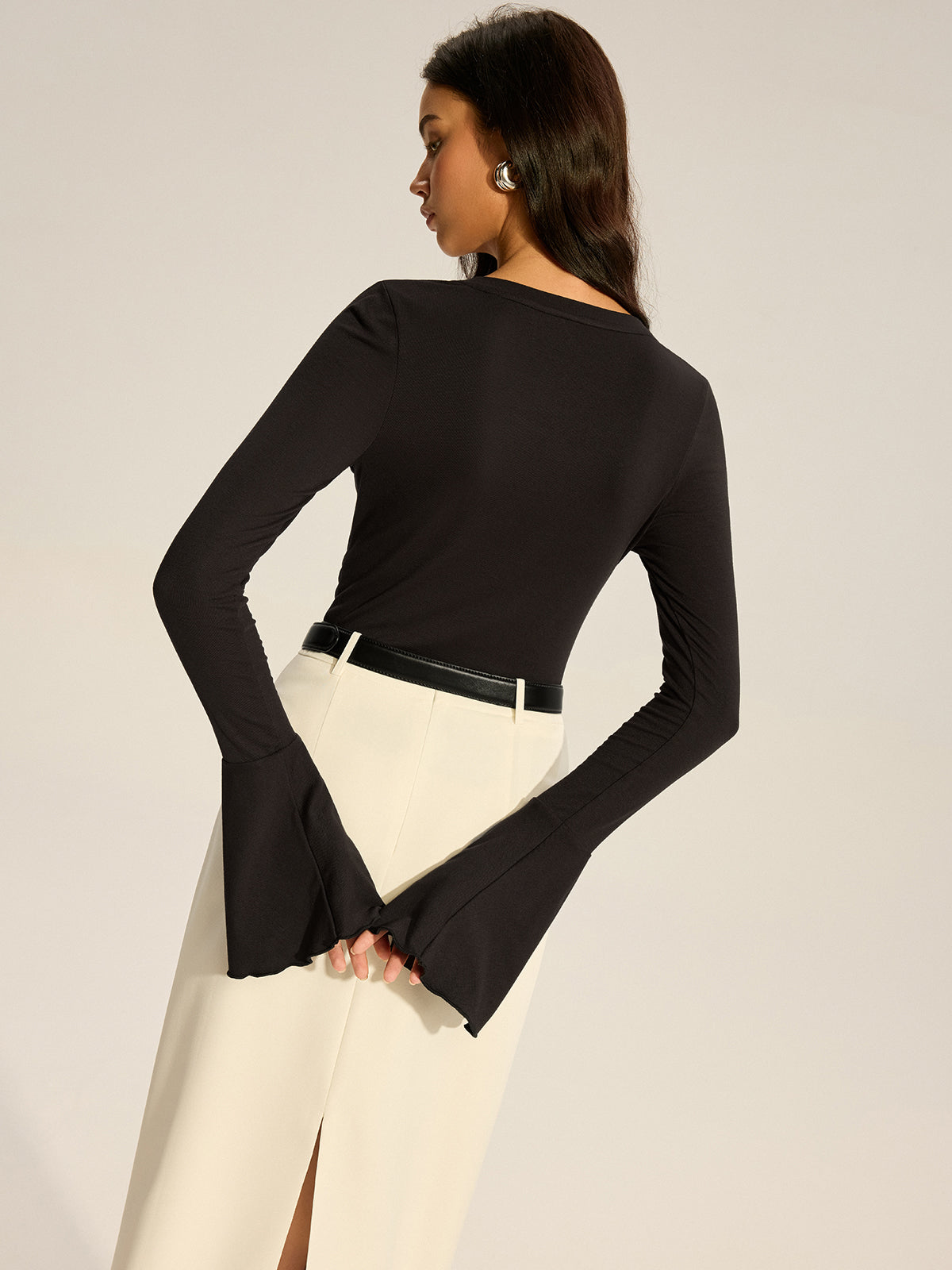 Flared Sleeve Ruffled Button T-Shirt