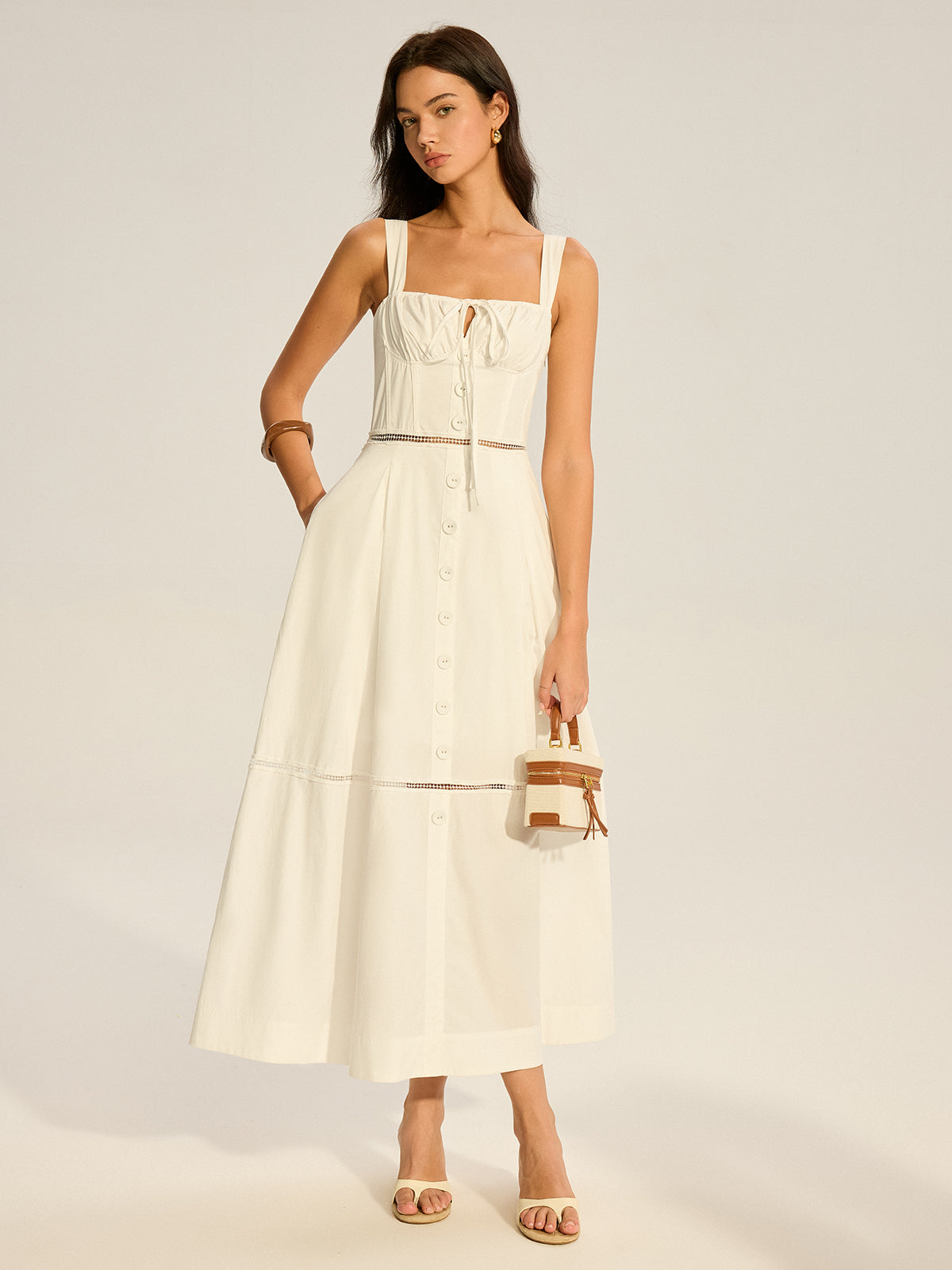 Lace Paneled Back-Tie Cotton Maxi Dress