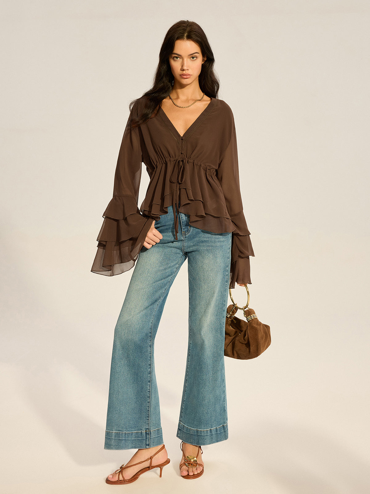 Semi-Sheer Chiffon Tiered Flared Sleeve Shirt