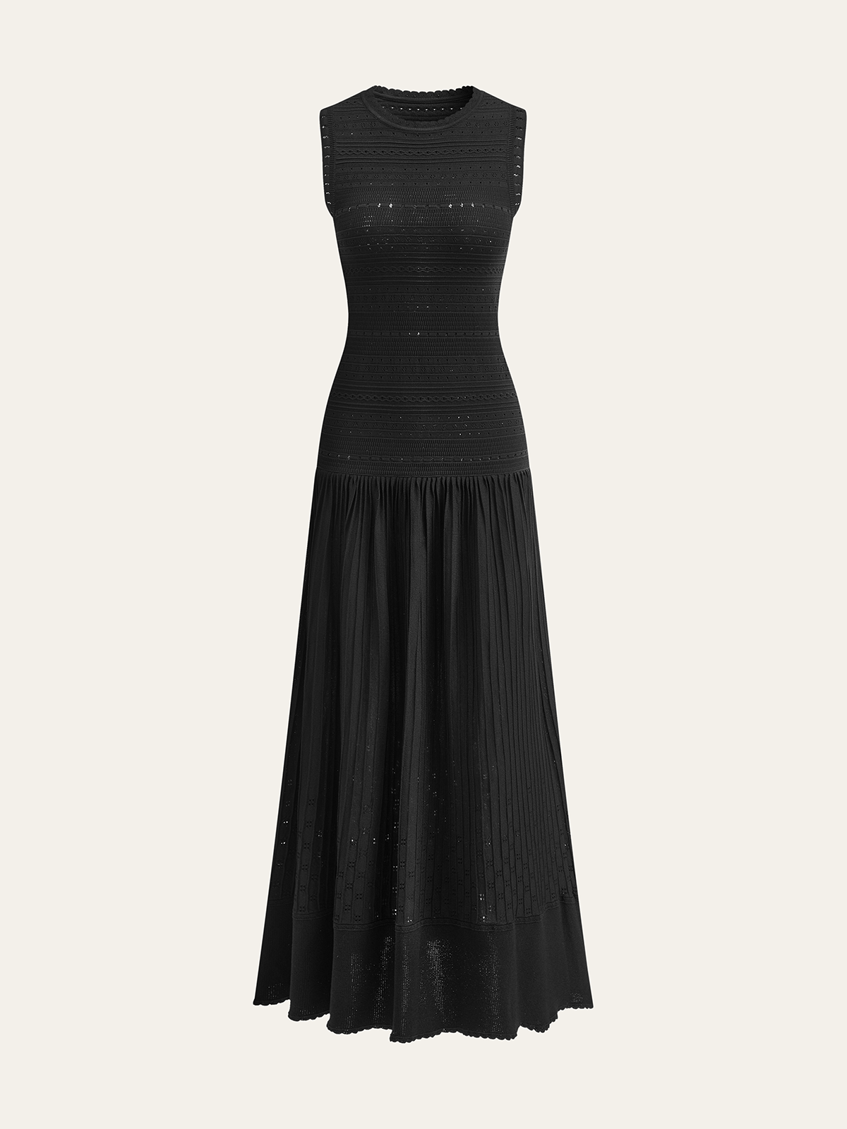 Sleeveless Knit Eyelet Pleated Maxi Dress