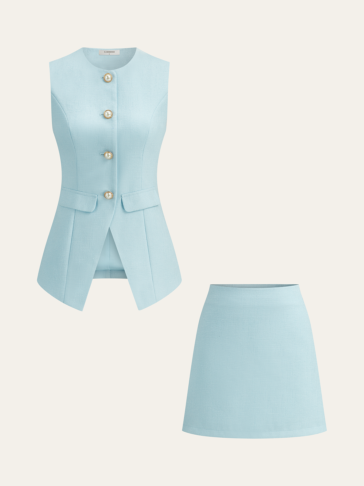 Ensemble blazer, gilet et mini-jupe en tweed perle