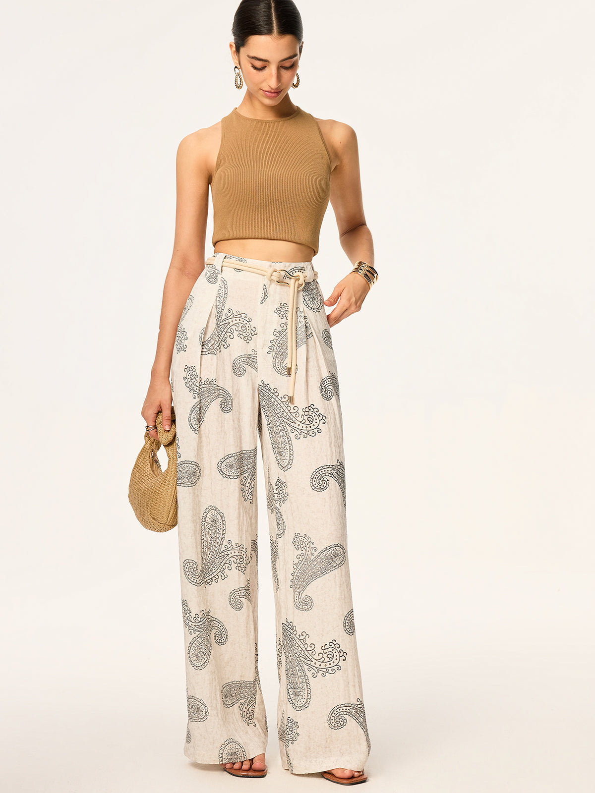Boho-Print Hose mit weitem Bein ohne Gürtel