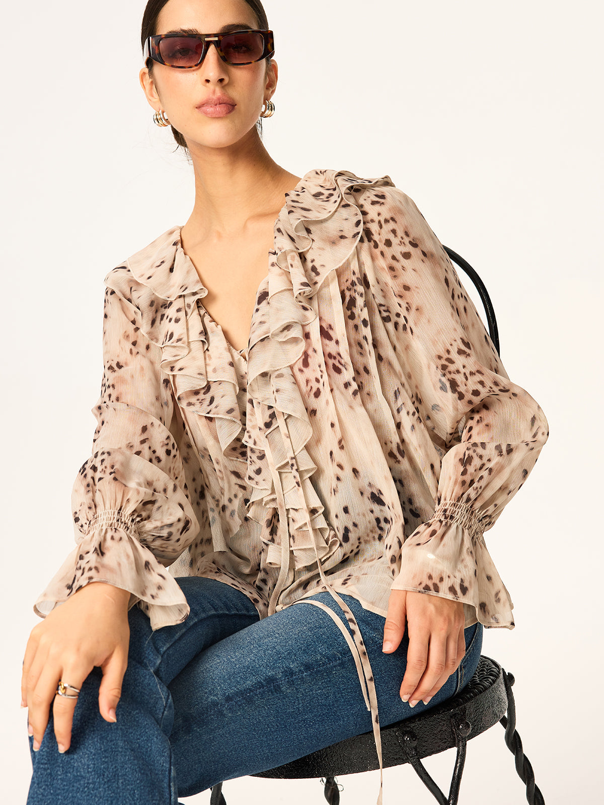 Leopard Print Chiffon Ruffle Shirt