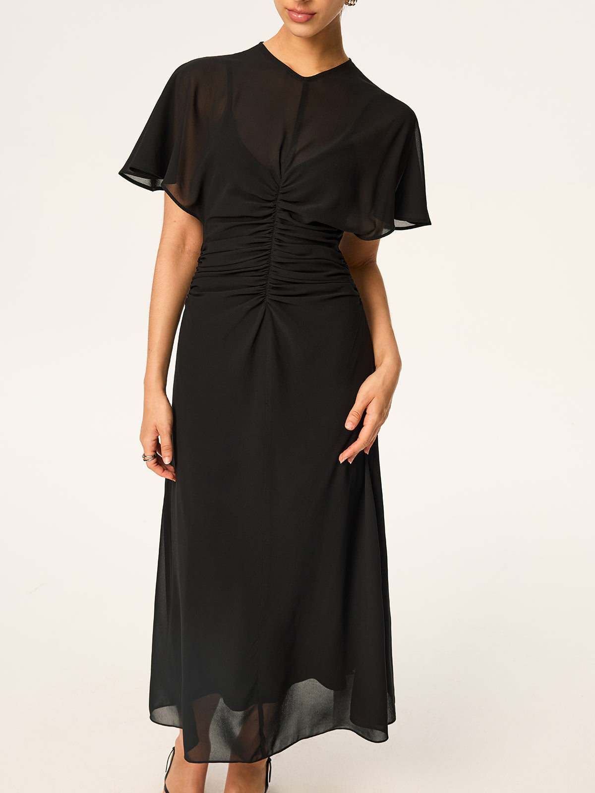 Sheer Chiffon Midi Dress with Lining Slip Two-Piece Set