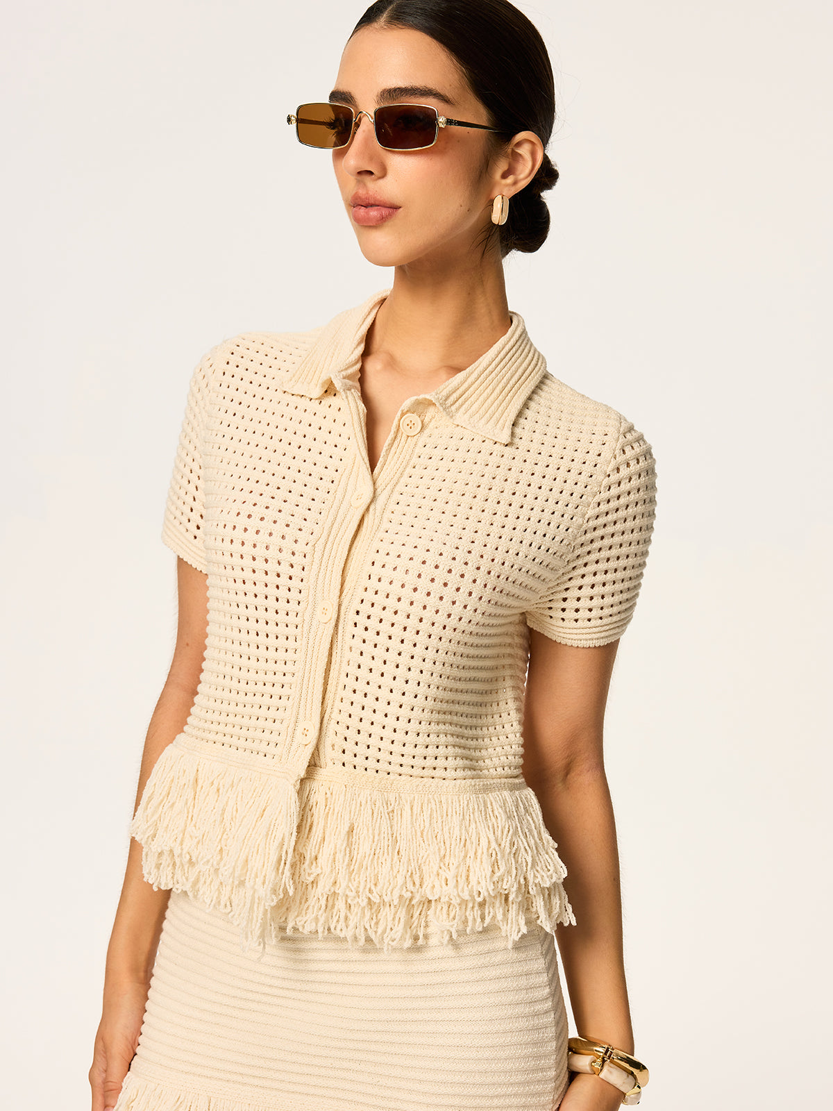 Fringed Mesh-Knit Polo Short Sleeve Top