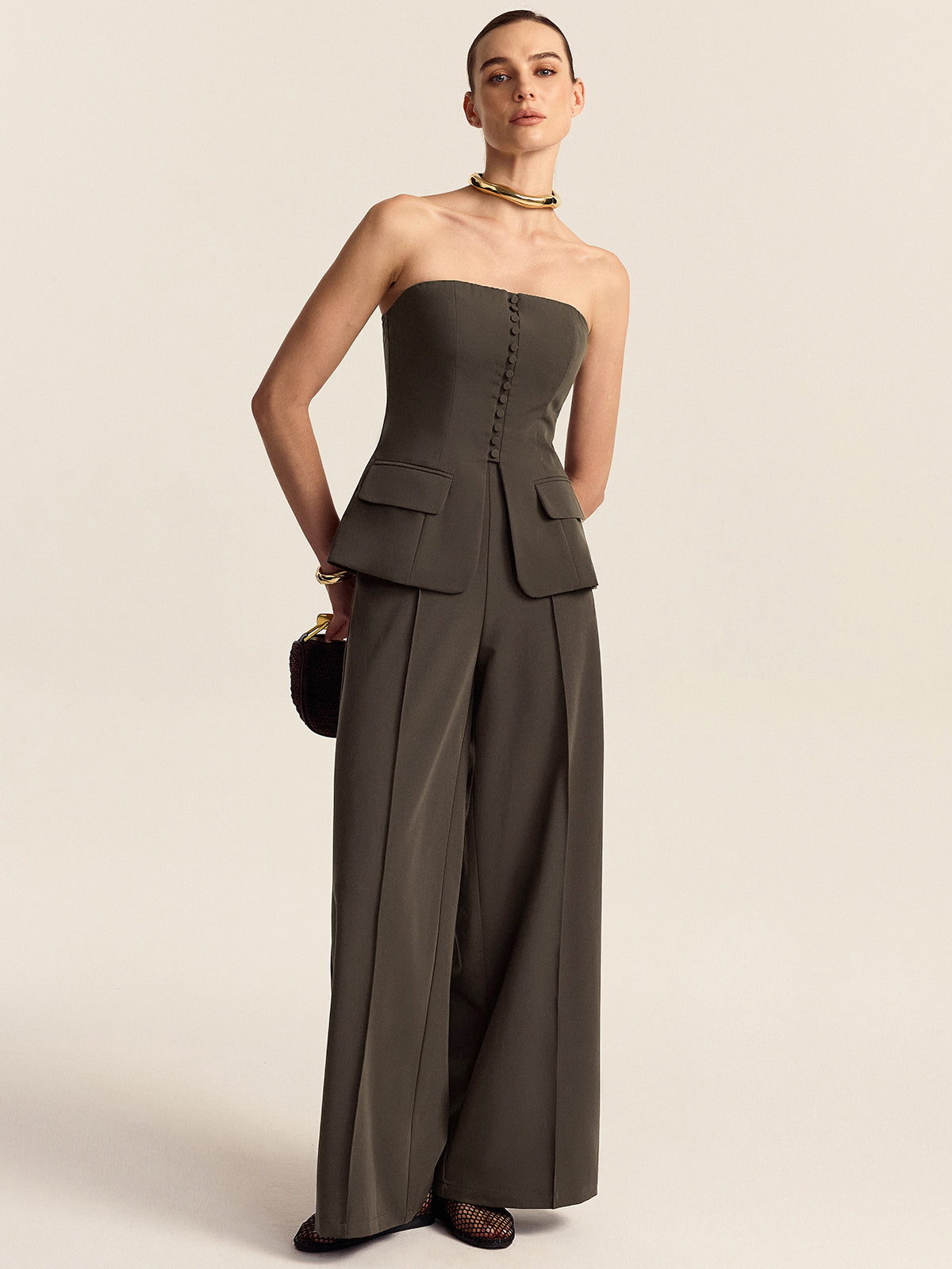 Strapless Top and Wide-Leg Pants Set