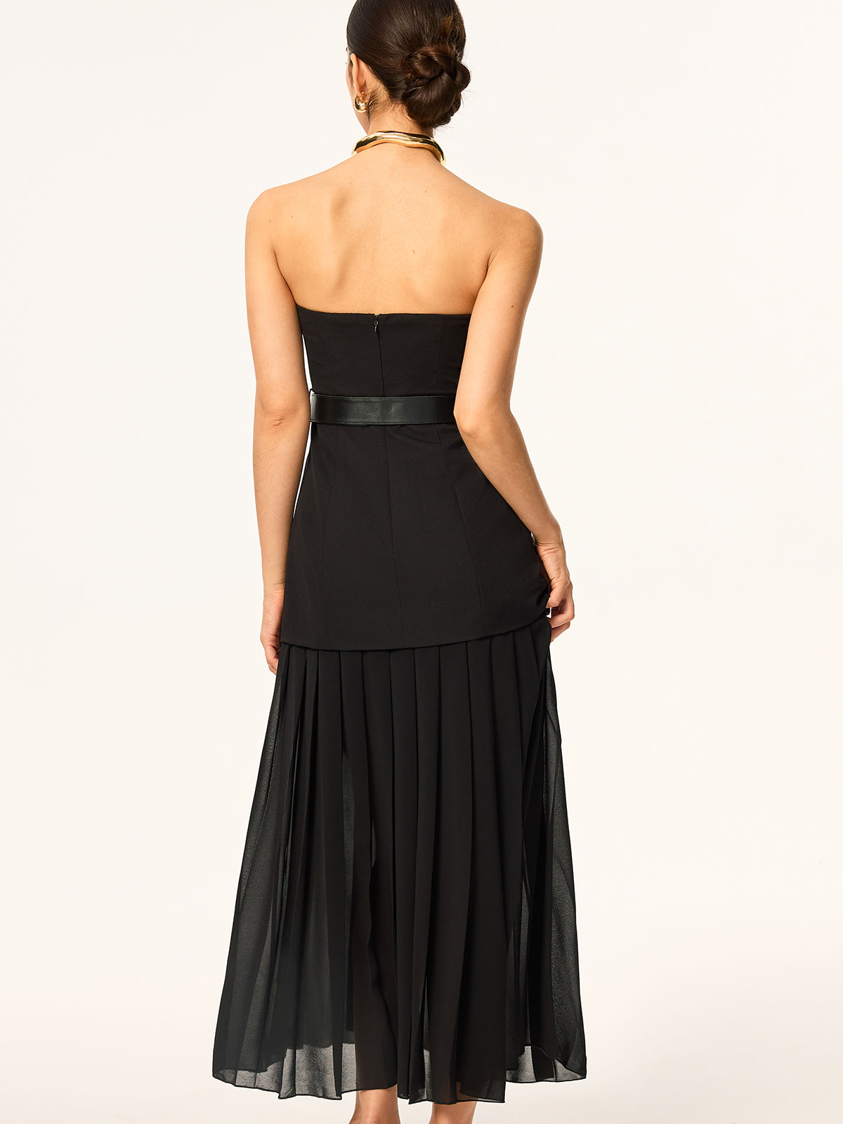 Semi-Sheer Strapless Belted Midi Dress with Chiffon Hem