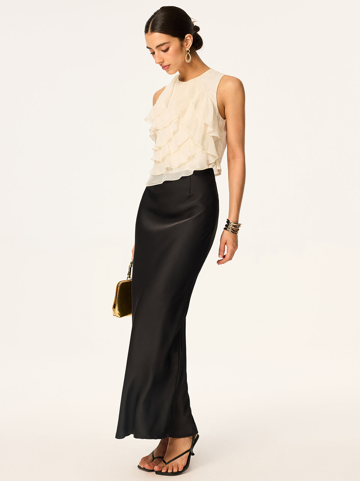 Halbtransparente ärmellose Chiffon-Tunika mit Rüschen