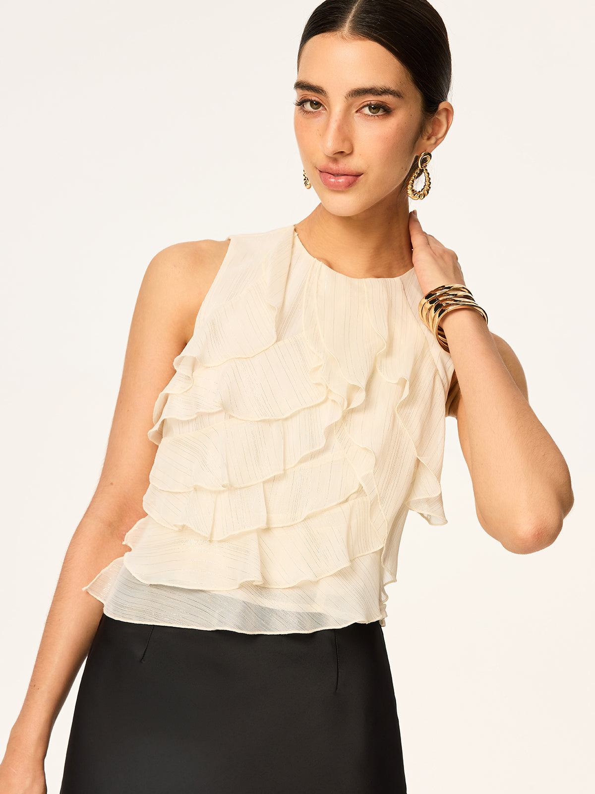 Halbtransparente ärmellose Chiffon-Tunika mit Rüschen