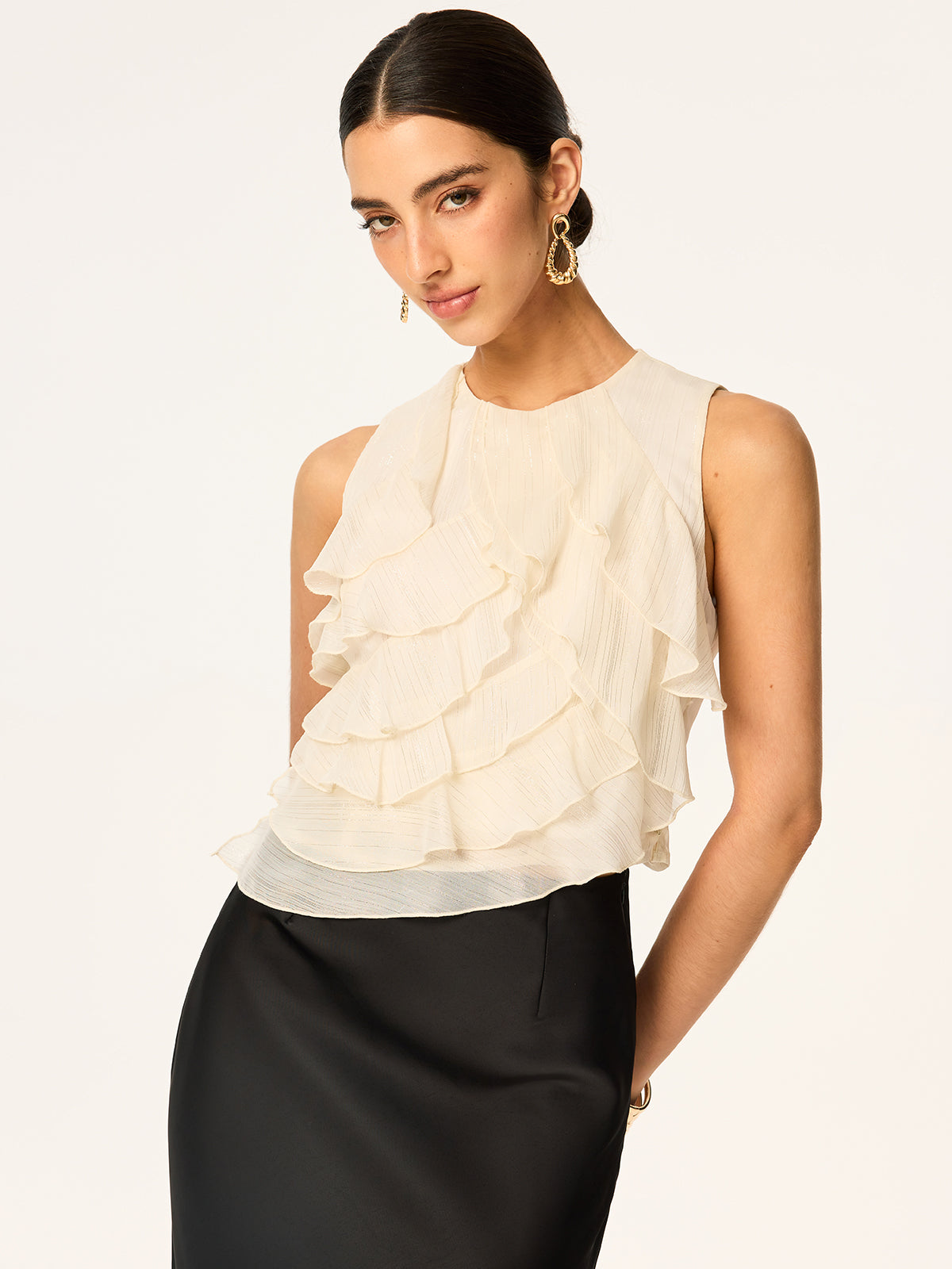 Halbtransparente ärmellose Chiffon-Tunika mit Rüschen