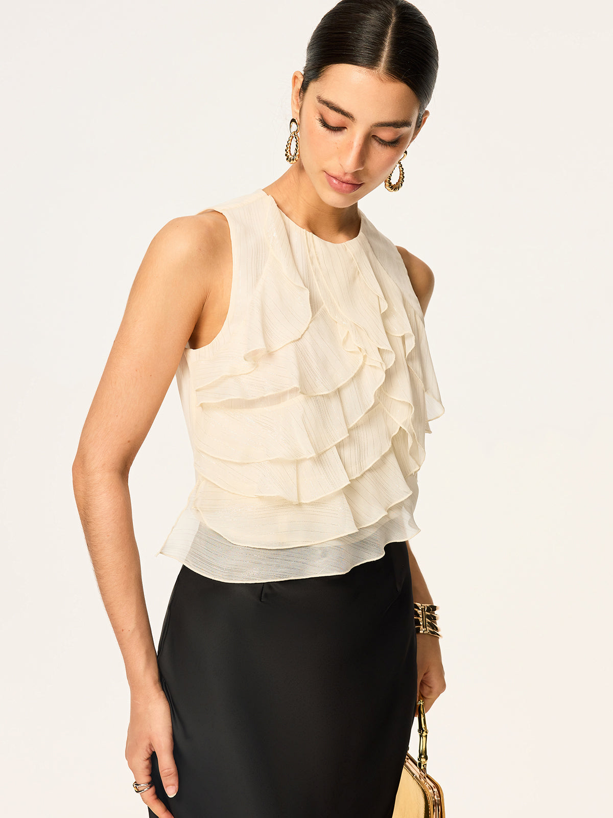 Halbtransparente ärmellose Chiffon-Tunika mit Rüschen