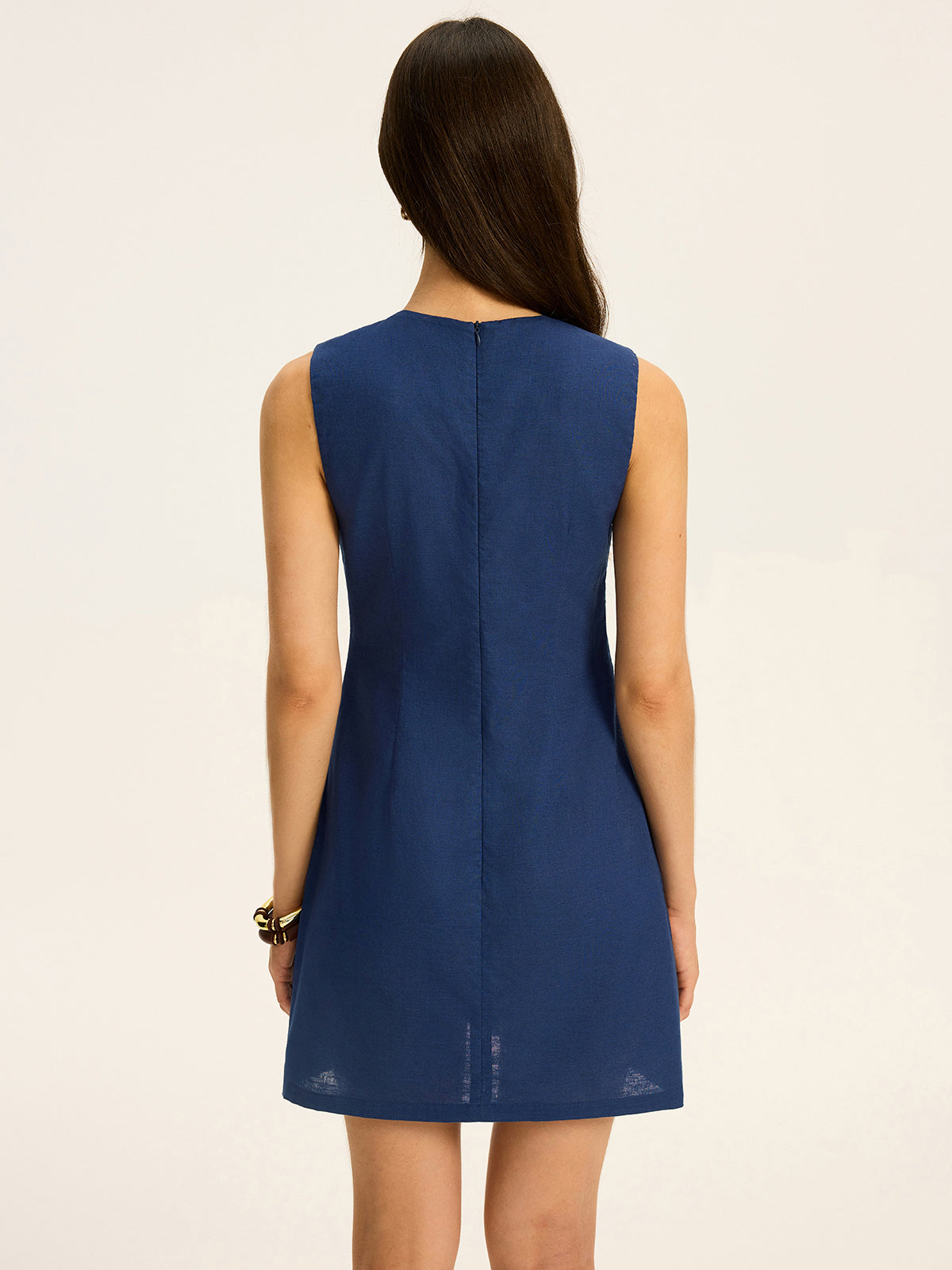 Robe Courte en Lin et Coton à Découpes et Surpiqûres Contrastantes
