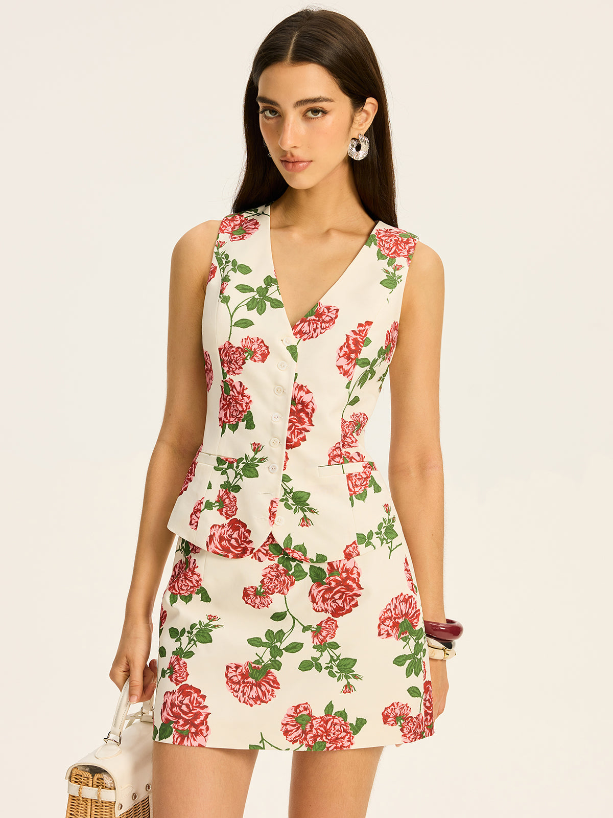 Ensemble gilet et jupe imprimé floral