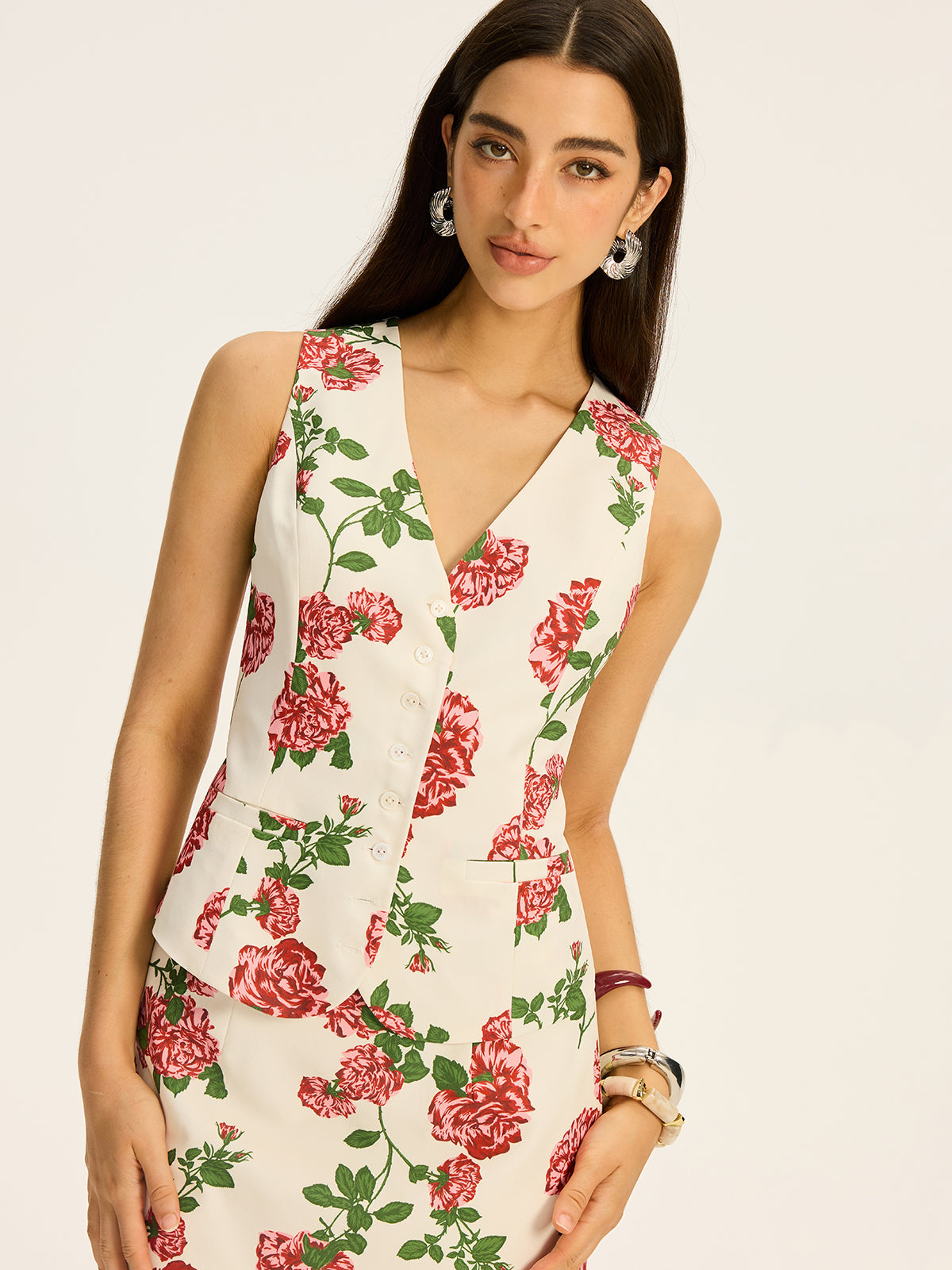 Ensemble gilet et jupe imprimé floral