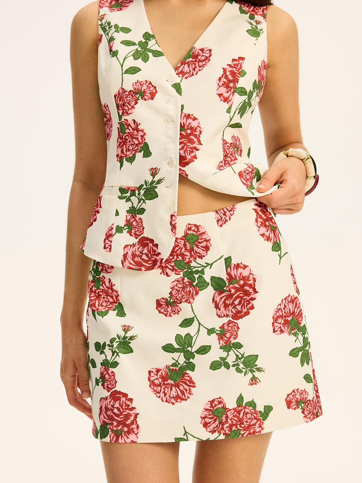 Ensemble gilet et jupe imprimé floral