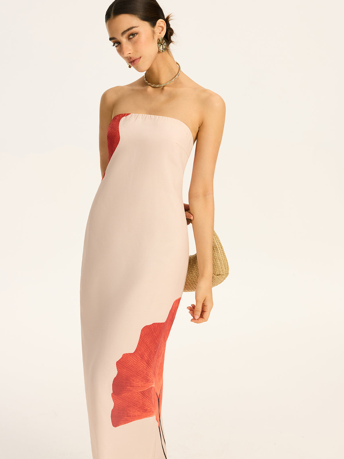 Trägerloses bedrucktes Maxikleid mit Rückenschleife und Schlitz