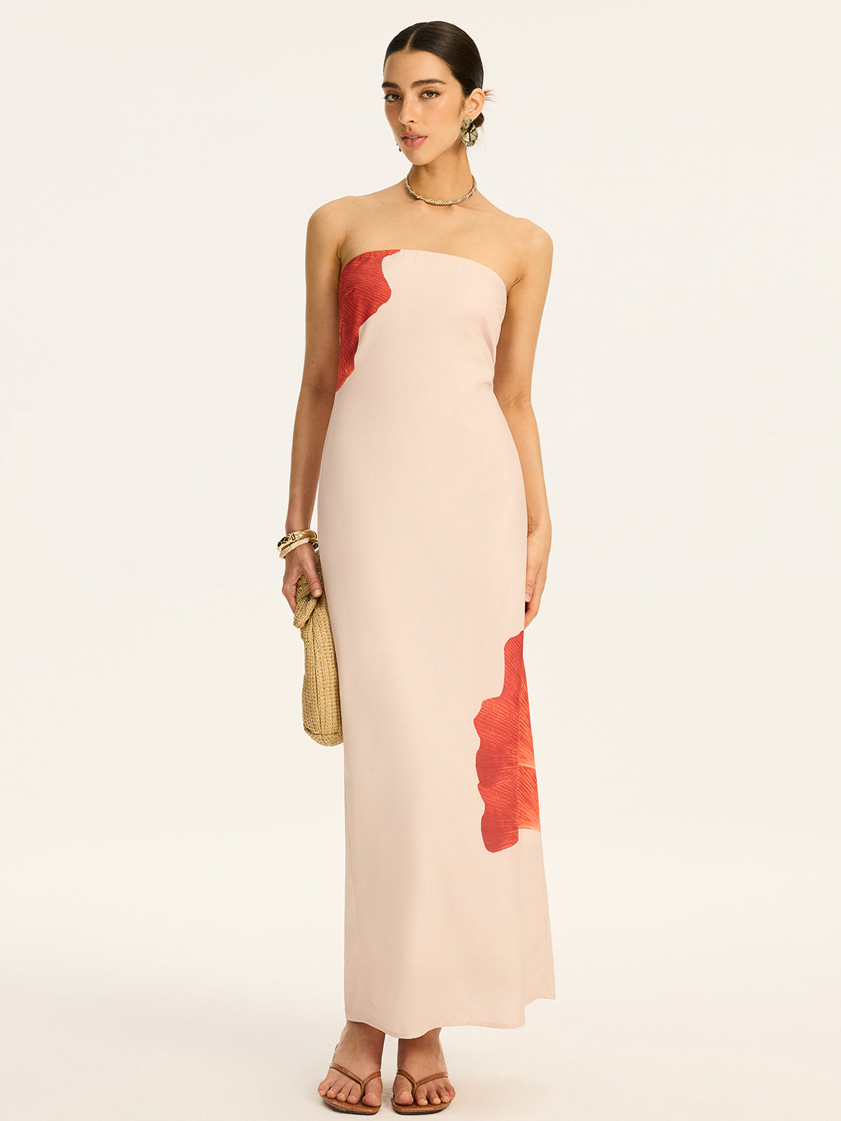 Trägerloses bedrucktes Maxikleid mit Rückenschleife und Schlitz