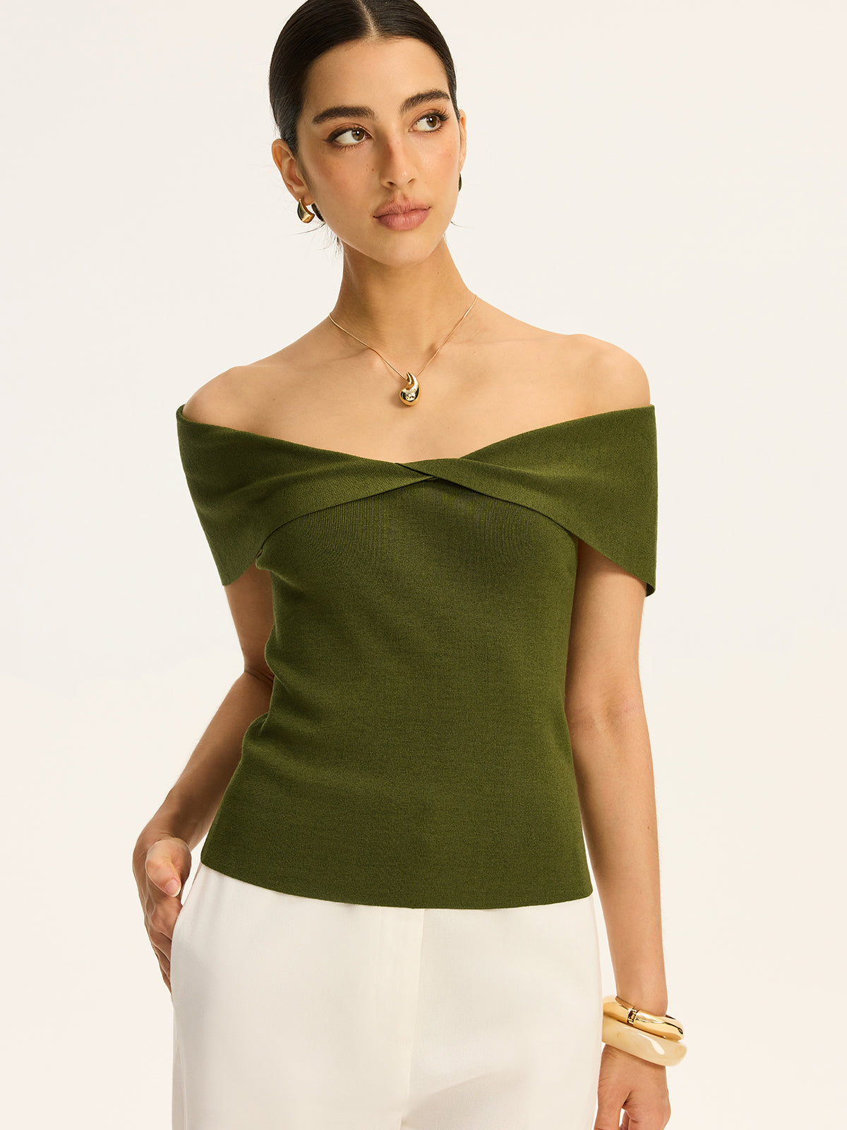 Off-Shoulder Twist-Front Knit Top