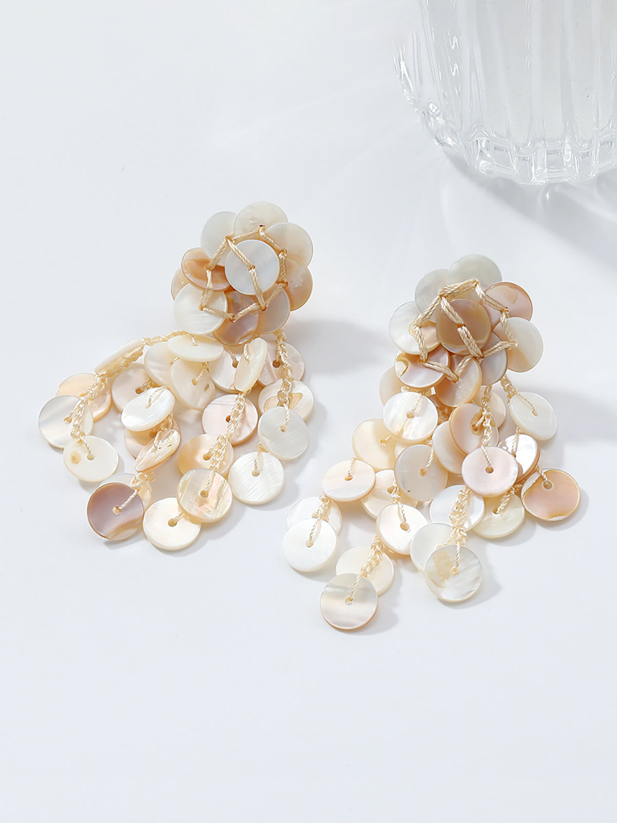 Long Handmade Round Shell Tassel Earrings