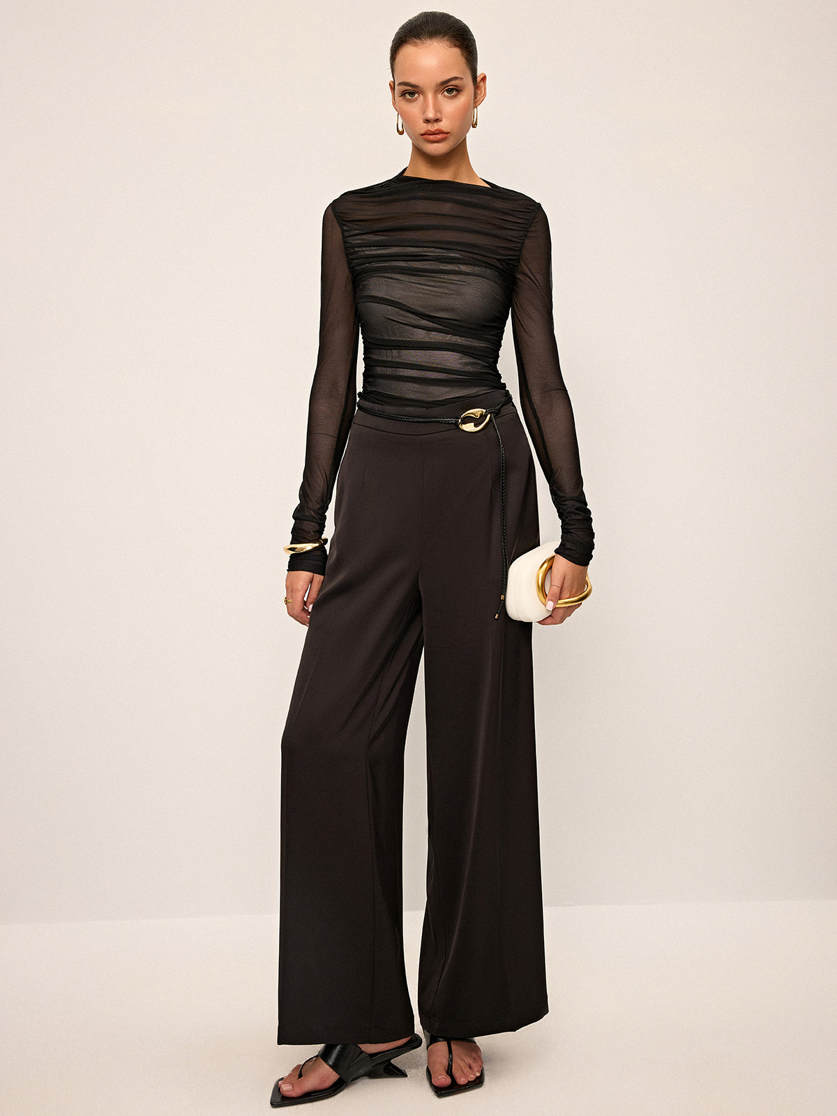 Sheer Mesh Ruched Long-Sleeve Top