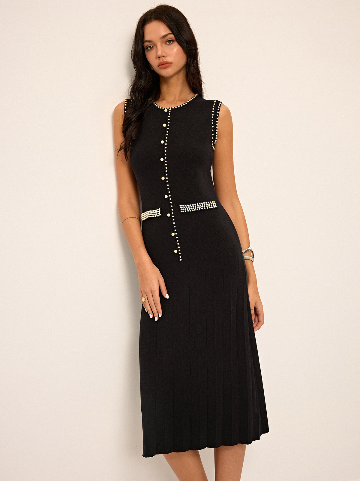 Robe Midi en Maille sans Manches Ornée de Perles