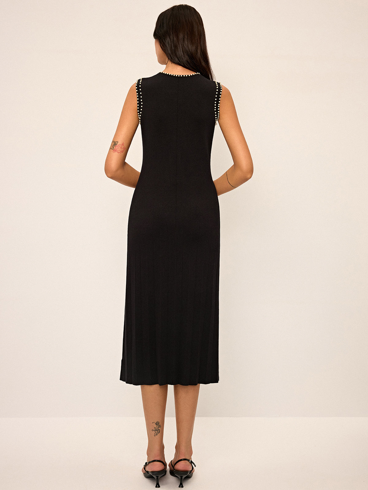 Robe Midi en Maille sans Manches Ornée de Perles