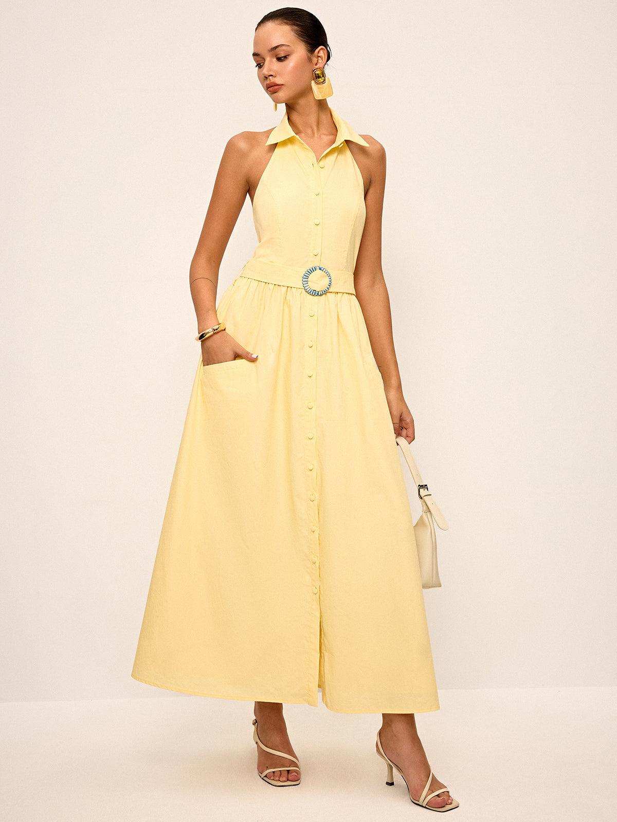 Halter Neck Backless Shirt Dress with Belt