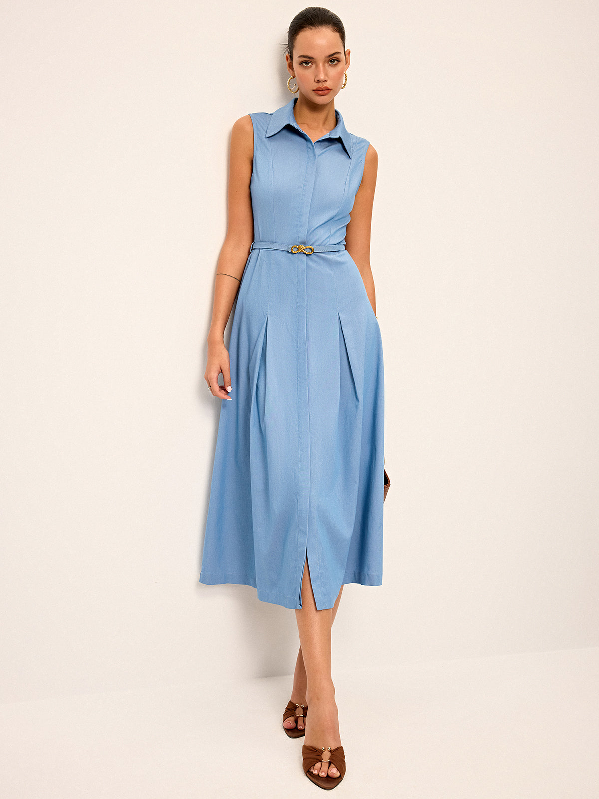 Ärmelloses Hemd-Midikleid mit Gürtel