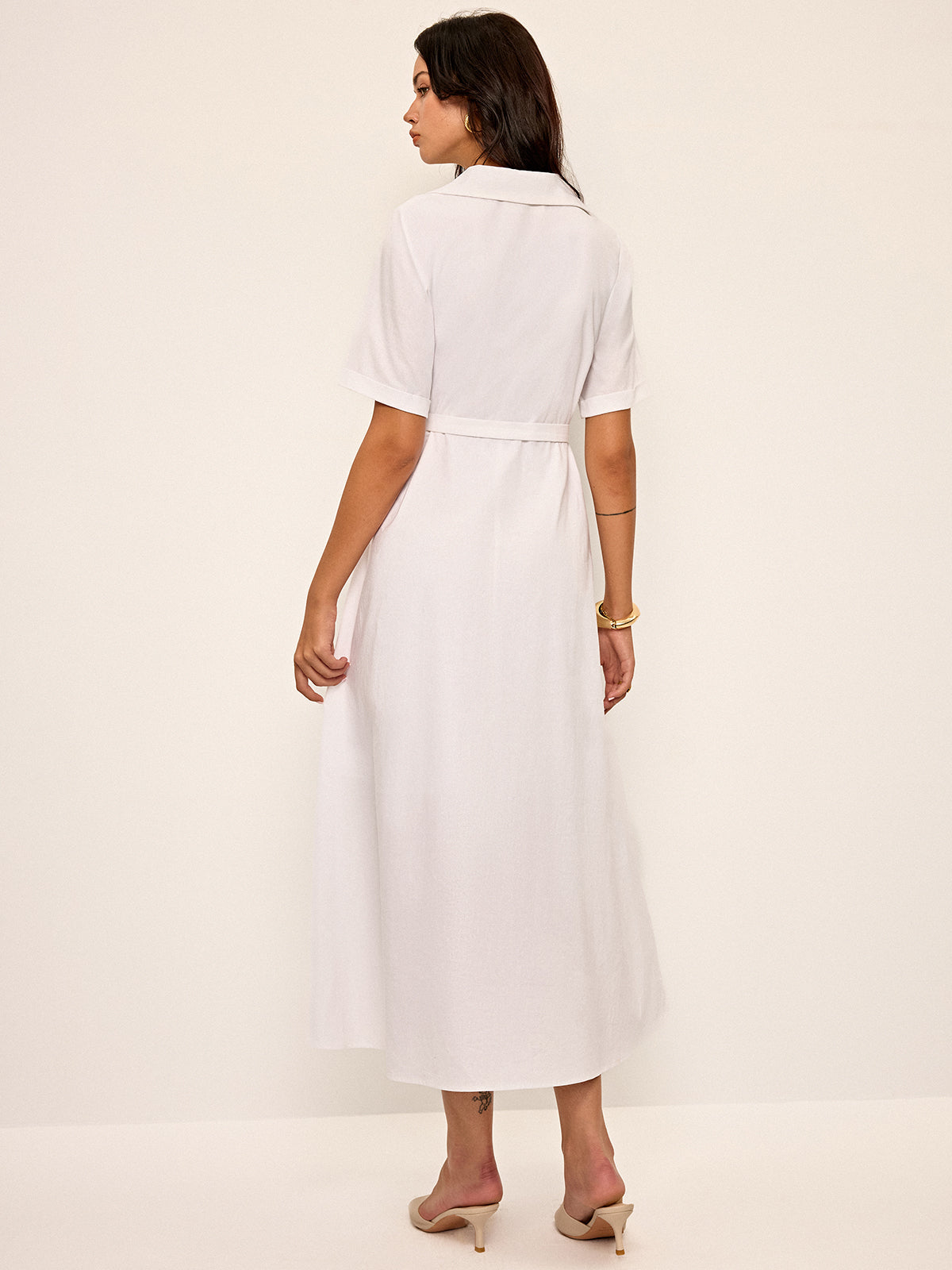 Linen & Blend Belted Pleated Shirt Dress
