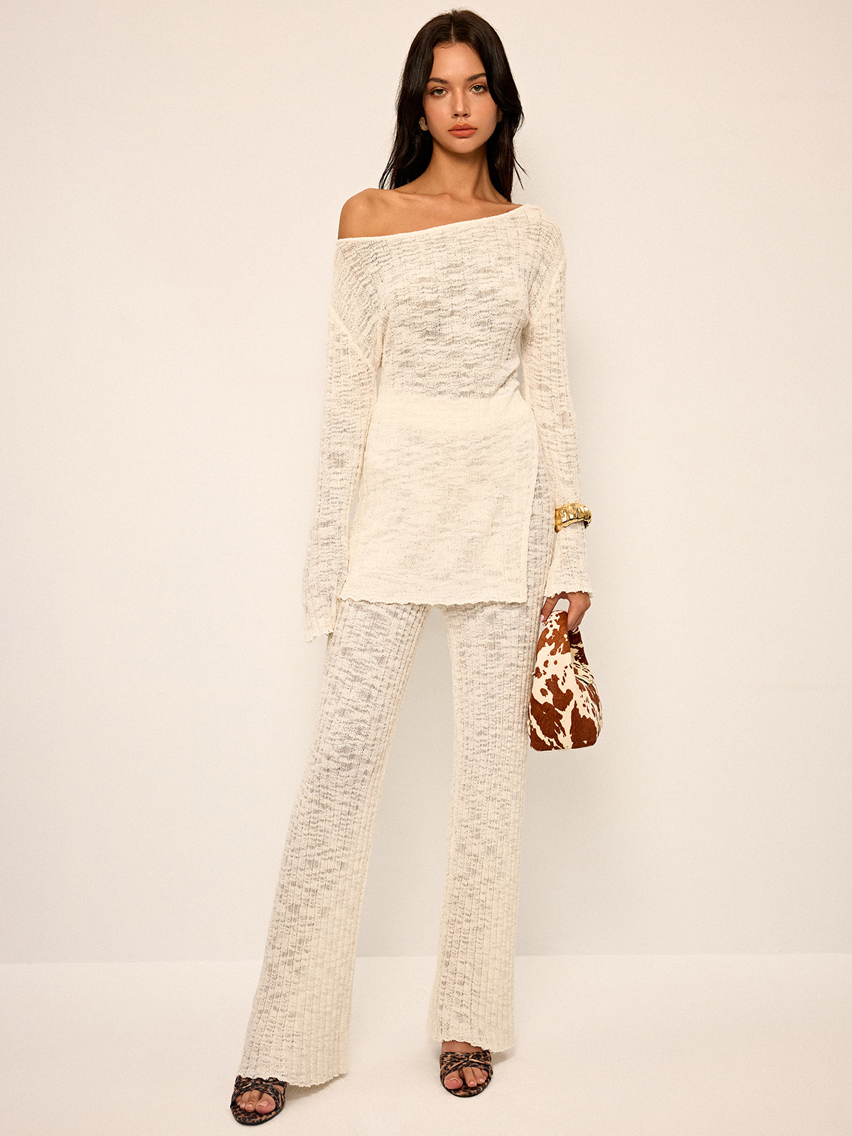 Ensemble top en maille transparente à épaules dénudées et pantalon évasé