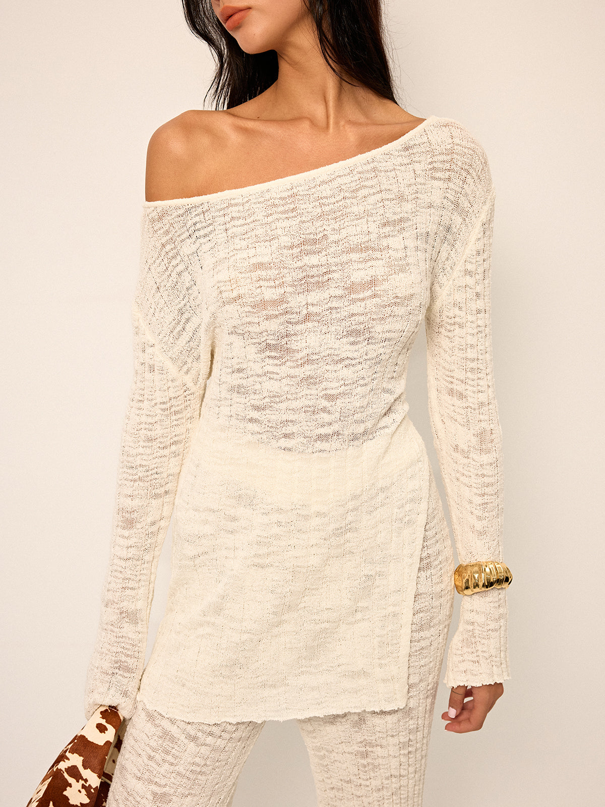 Ensemble top en maille transparente à épaules dénudées et pantalon évasé