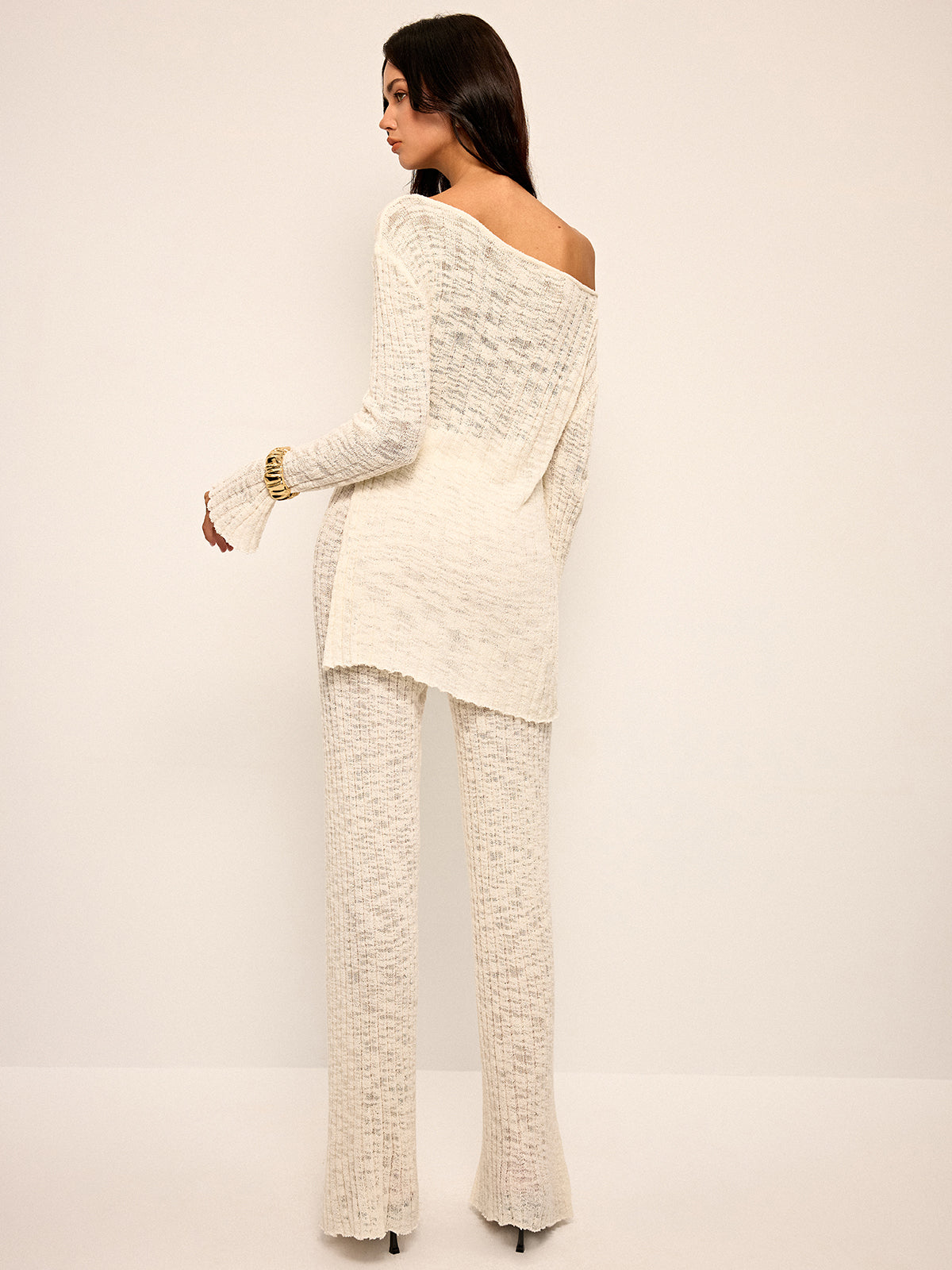 Ensemble top en maille transparente à épaules dénudées et pantalon évasé