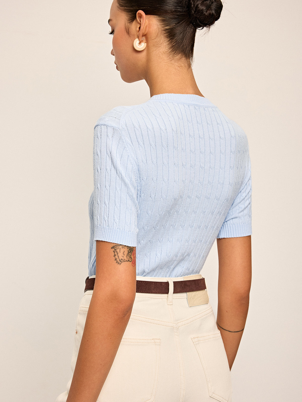 Heart Embroidered Crew Neck Cable Knit Top